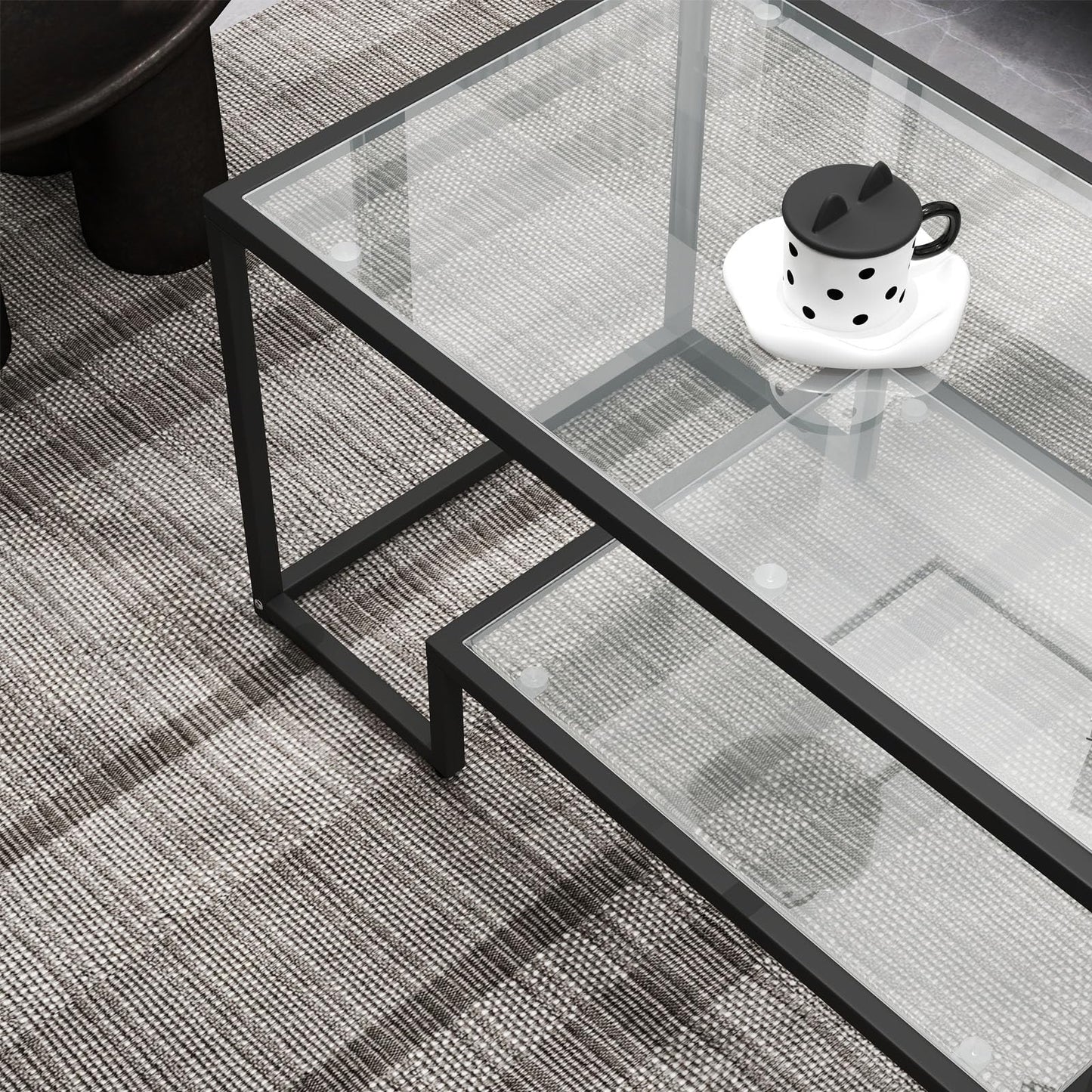 Kebynti 42" Rectangular Glass Coffee Table for Living Room, 2-Tier Center Tea Table with Metal Frame for Small Space, Apartment, Office (Black)