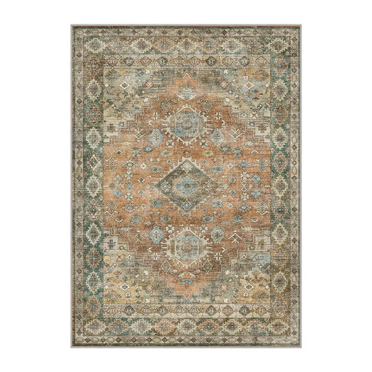 Washable Rugs 5X7 Area Rugs for Living Room, Thin Indoor Chenille Low Pile Rug for Bedroom Rug, Vintage Boho Lightweight Carpet for Dining Room Kitchen Office Floor, Tawny Brown