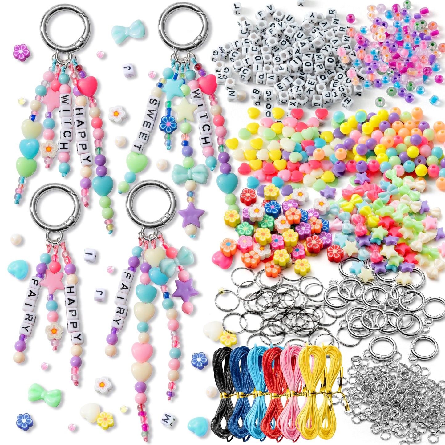 WATINC DIY Keychain Making Crafts Kits, Adjustable Letter Alphabet Beads Strings Keychain Flower Star Bow Shapes Beads Bulk, Bag Charms with Key Ring Supplies Jewelry Accessories Making Kit (942Pcs)