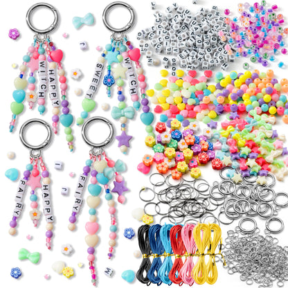 WATINC DIY Keychain Making Crafts Kits, Adjustable Letter Alphabet Beads Strings Keychain Flower Star Bow Shapes Beads Bulk, Bag Charms with Key Ring Supplies Jewelry Accessories Making Kit (942Pcs)