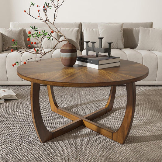 LEEMTORIG Round Wood Coffee Table, Mid Century Modern Round Walnut Coffee Tables for Living Room, 33.5" Dia. Circle Drum Coffee Table with Cross Legs, Easy Assembly, Brown Walnut KFZ-3223