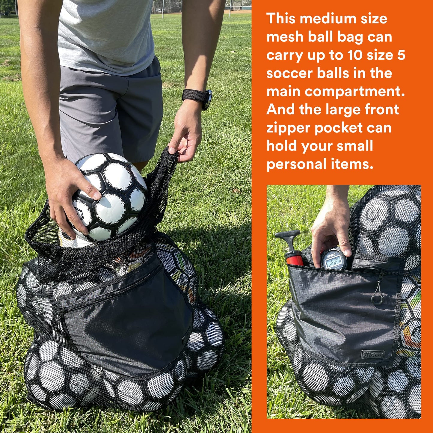 Fitdom Extra Large Heavy Duty Mesh Bag. Best for Soccer Ball, Water Sports, Beach Cloth, Swimming Gears. Adjustable Shoulder Strap. Secure Side Pocket
