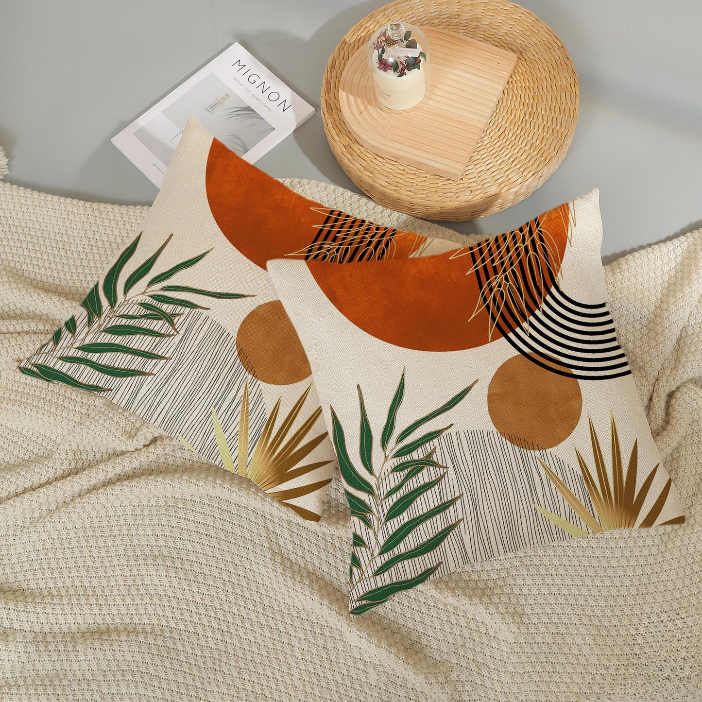 GOLIANDA Boho Pillow Covers 20x20 Set of 2 Green Gold Orange Throw Pillows Tropical Leaves Sunset Modern Mid Century Decorative Pillowcase Outdoor Bohemian Linen Cushion Case for Couch Sofa Bed Decor