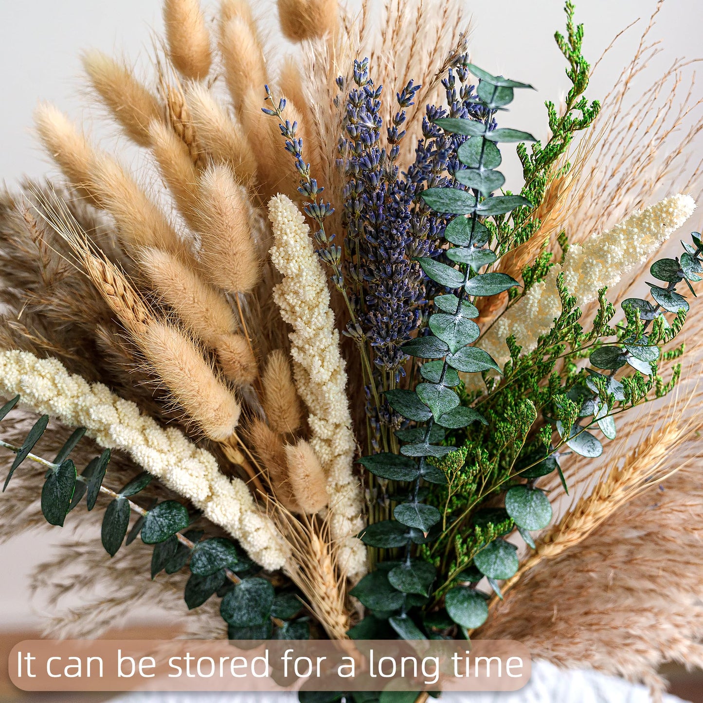 Boho Dried Flower Bouquet – Pampas Grass Bouquet with Lavender, Eucalyptus, Wheat & Bunny Tail – Rustic Dried Floral Arrangement for Olive Green Decor, Farmhouse Flowers, and Wedding Centerpieces