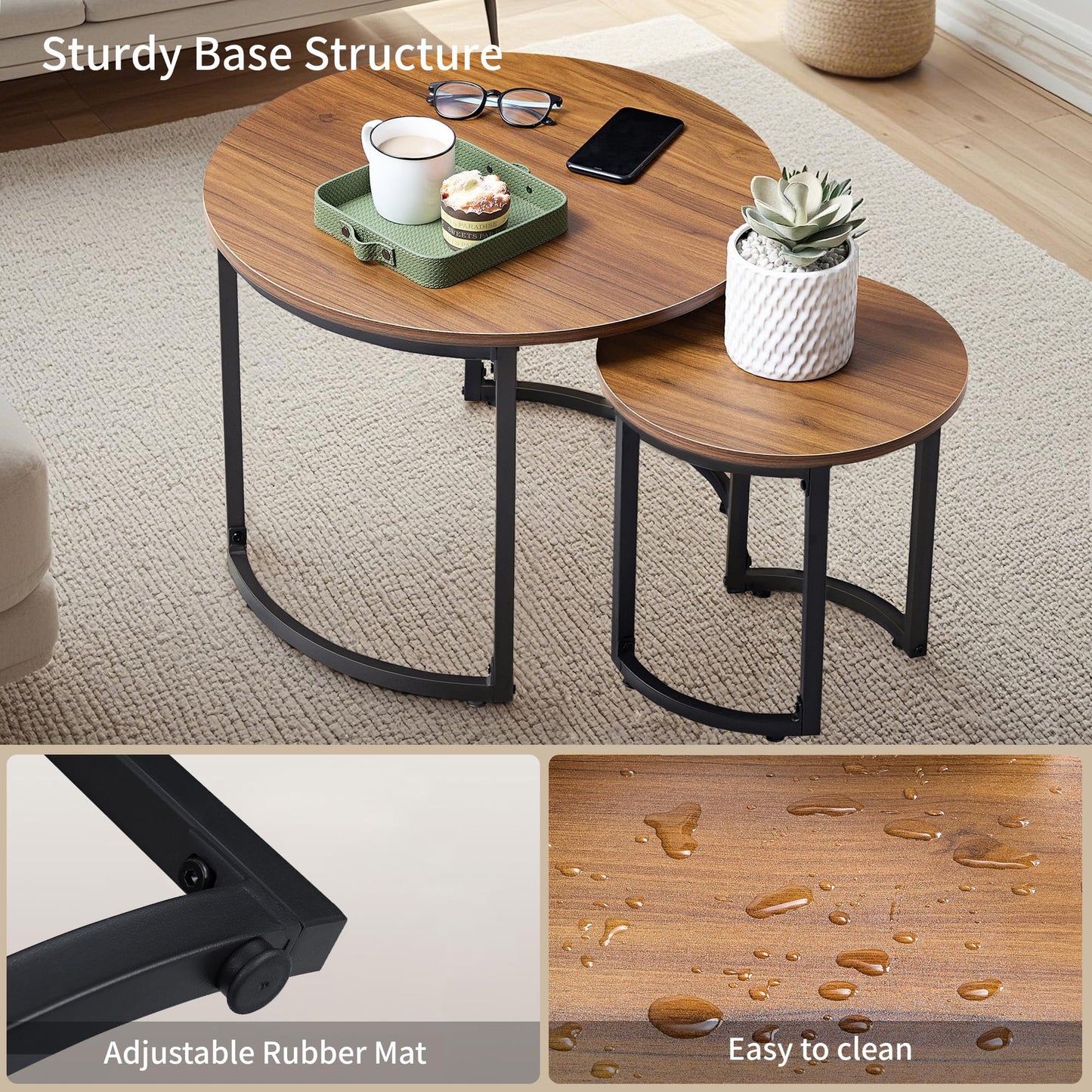 VECELO Nesting Coffee Table Set of 2, Wood Round Side Tables with Adjustable Non-Slip Feet, for Living Room, Brown