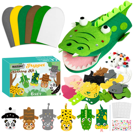 WATINC 6Pcs Hand Puppet Making Kit, Art Craft Felt Sock Puppet Toys, Creative DIY Make Your Own Pompoms Wiggle Googly Eyes Storytelling Role Play Party Supplies Gift for Girls Boys (Wild Animals A)