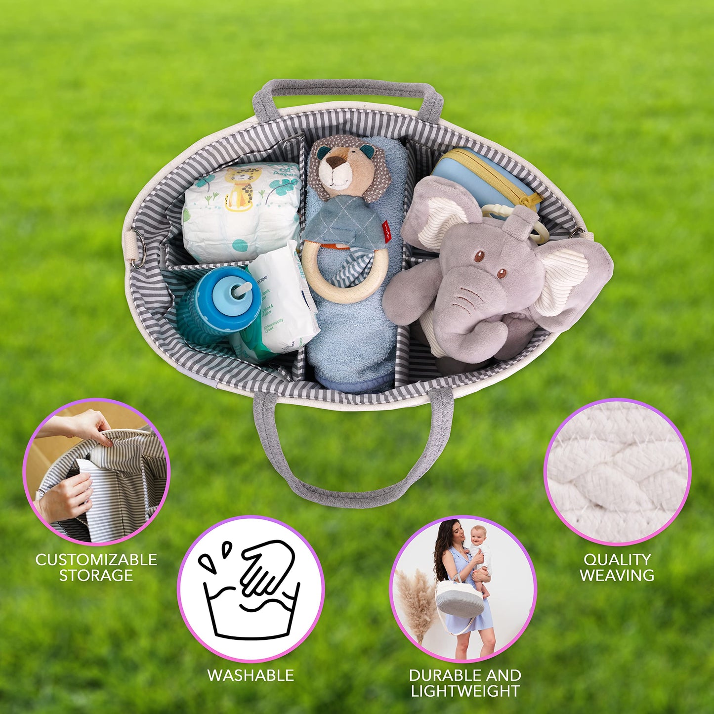 Extra Large Baby Diaper Caddy Organizer - Portable Rope Nursery Basket for Changing Table Storage - Baby Essentials Organizer for Diapers, Wipes, and More