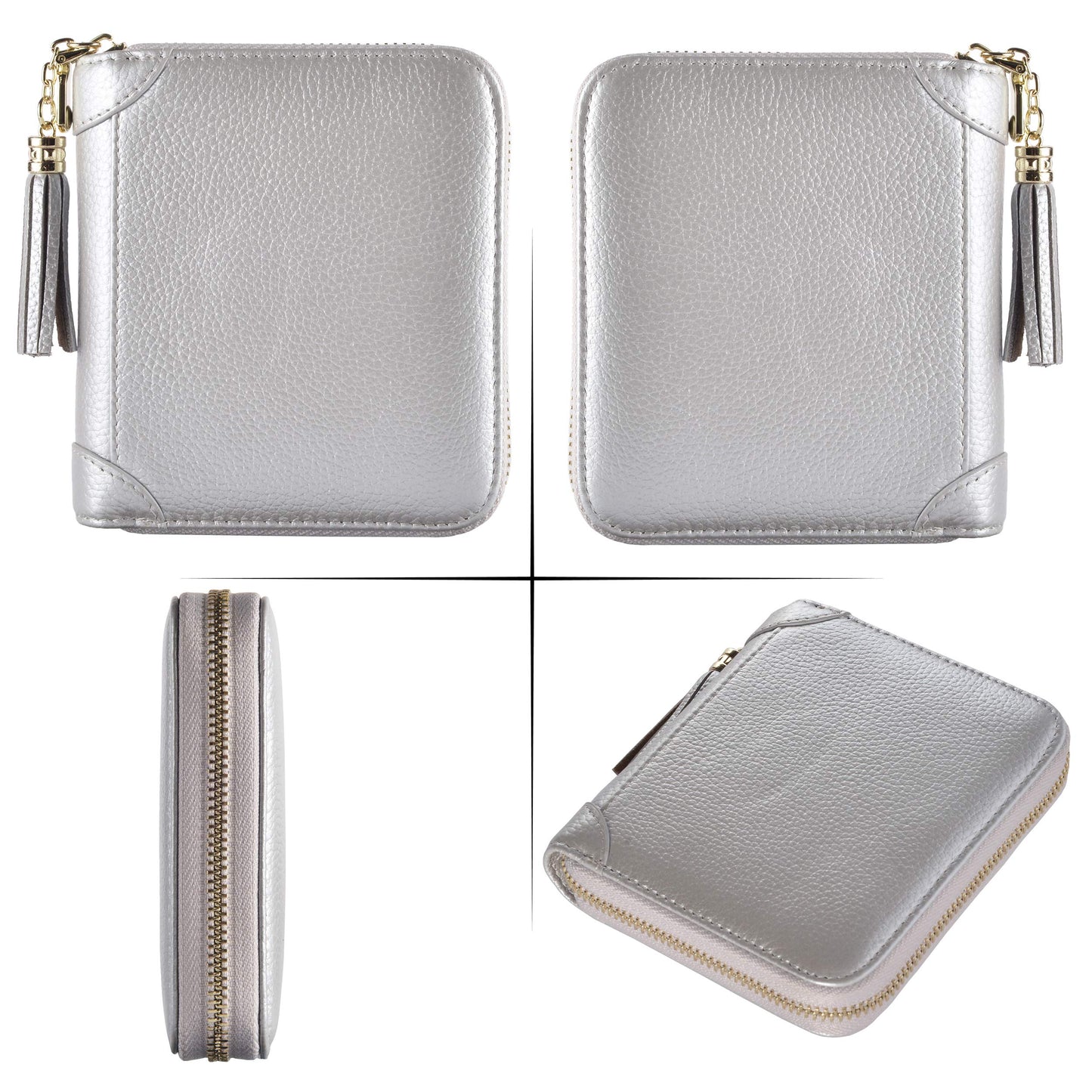 Easyoulife Womens Credit Card Holder Wallet Zip Leather Card Case RFID Blocking (Silver)