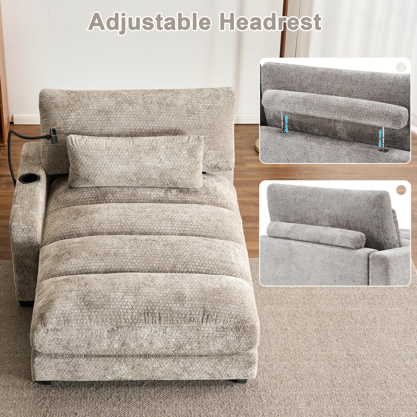 IHDKO Oversized Chaise Lounge Chair Indoor, Comfy Lounge Sleeper Sofa with USB Ports, Cup & Phone Holders, Chenille Cloud Reading Chair Bed for Living Room, Bedroom, Office (Grey)