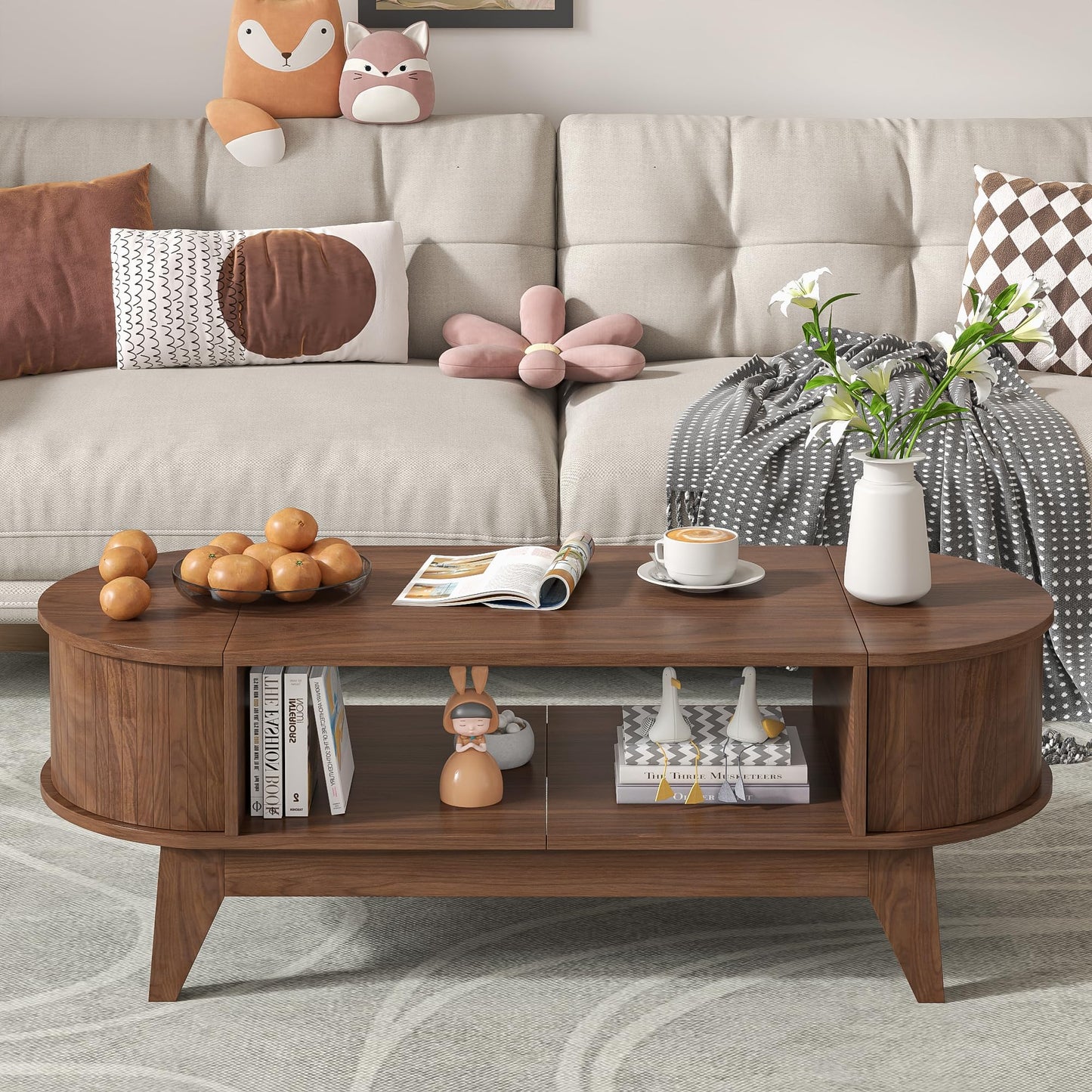 Coffee Table with Storage,Mid Century Modern Coffee Tables with 2 Flip-Top Hidden Lids,Fluted Coffee Table,Wood Center Tables for Living Room Home Office (Walnut Color)