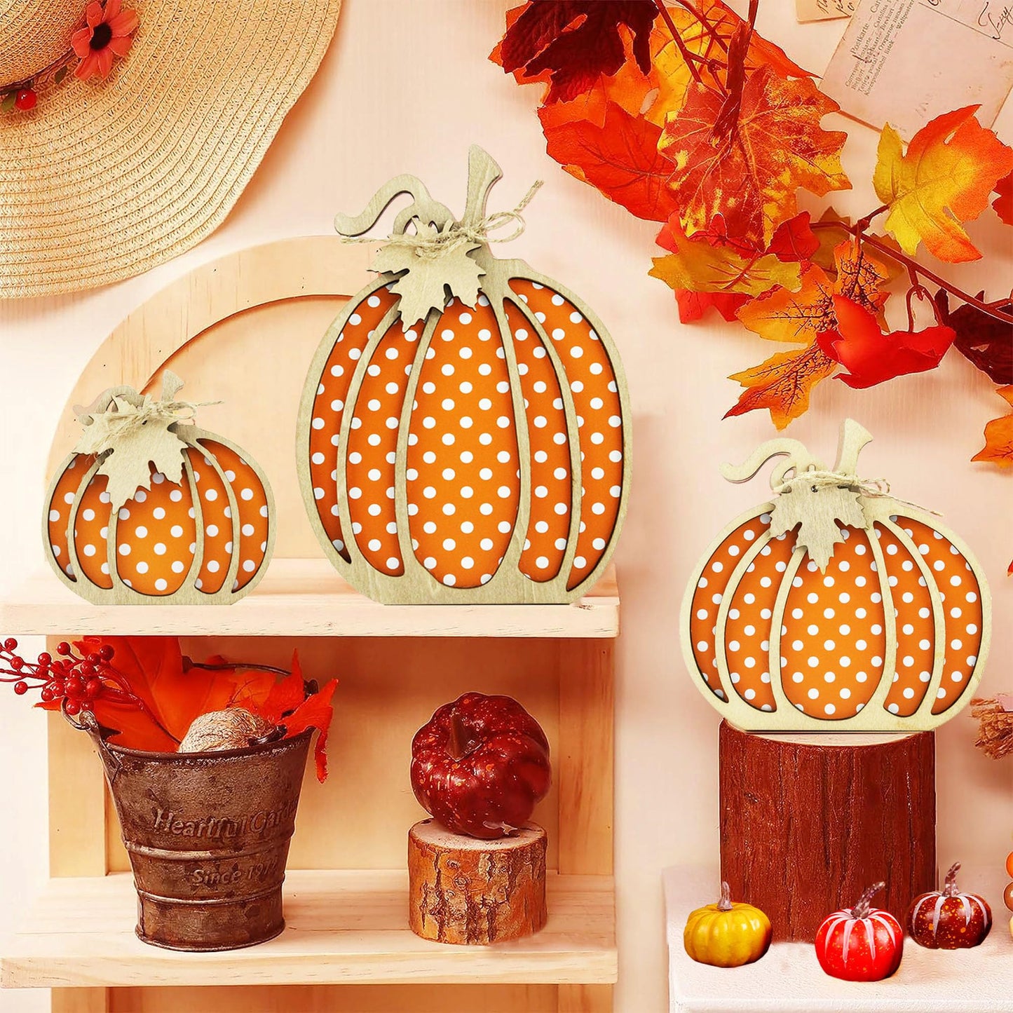 Fall Decor Wooden Pumpkin Decorations for Home 3PCS Autumn Pumpkin Farmhouse Harvest Decorations Self Sitters Mantel Table Sign Tiered Tray Decor