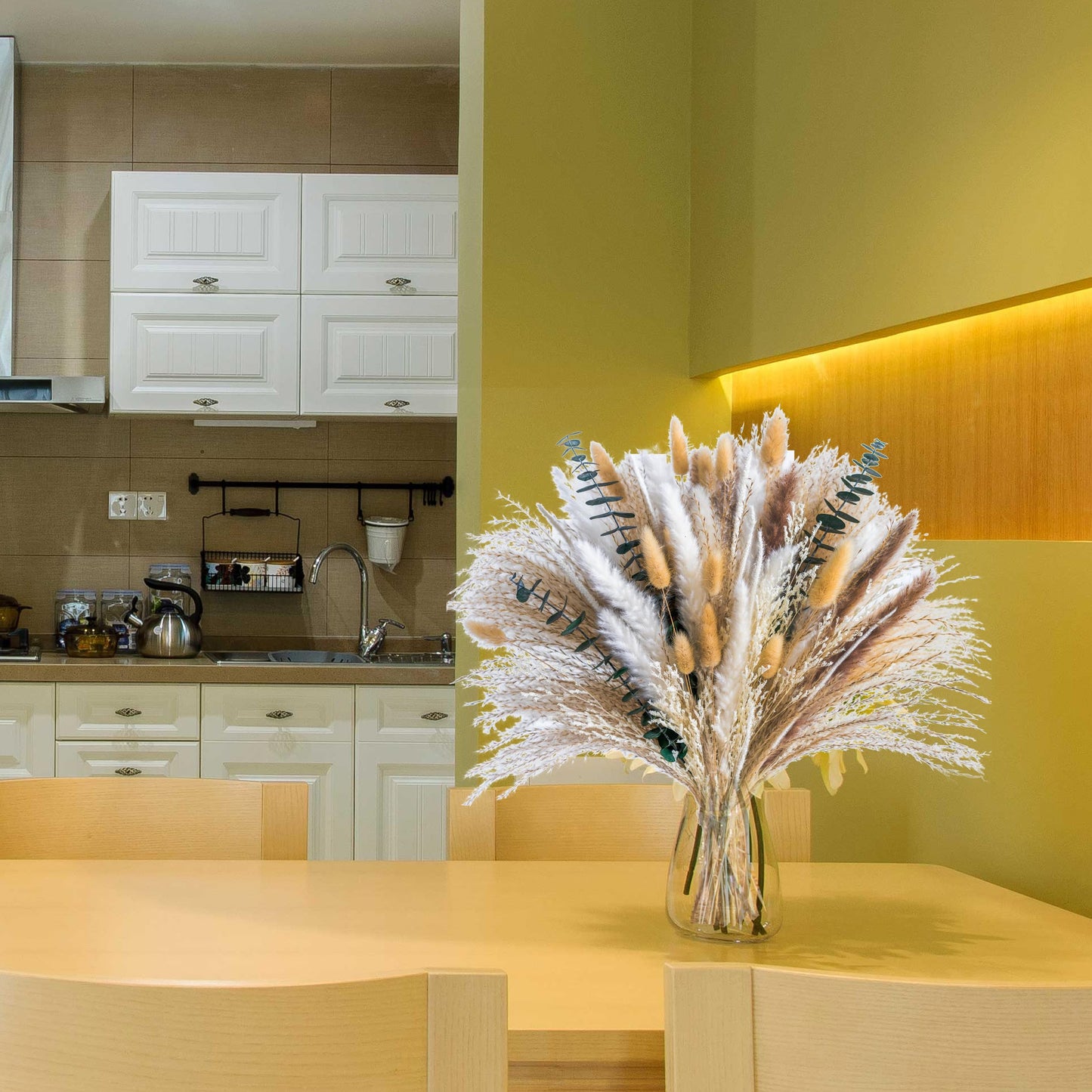 WILD AUTUMN Pampas Grass Decor Natural Dried Pampas Boho Home Decor Bouquet Dried Flowers Eucalyptus Bouquet for Wedding Floral Arrangements Table Decor Rustic Farmhouse (White&Green)