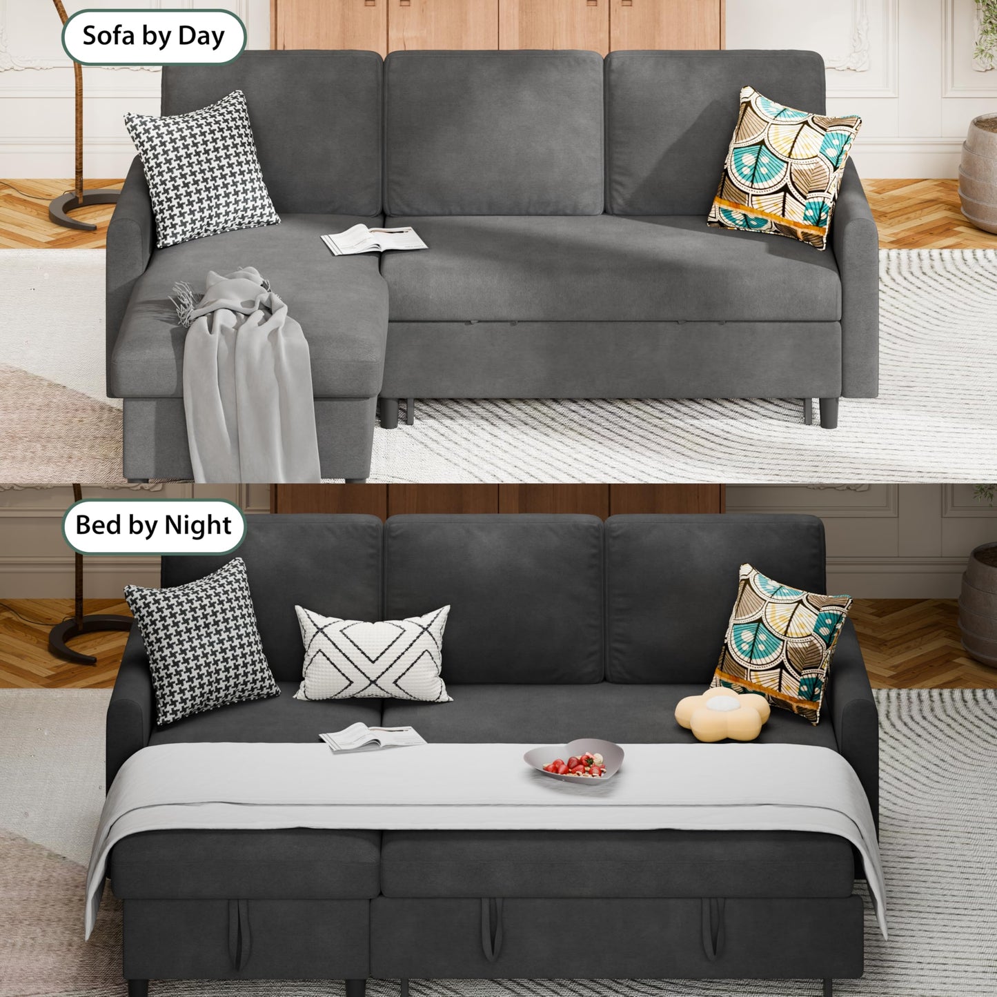 Shintenchi Sofa Couch, Sofa Bed- 2 in 1 Pull Out Couch Bed with Storage Chaise for Living Room, Sofa Bed Sectional Sofa Couch Linen Couch (Grey Black)