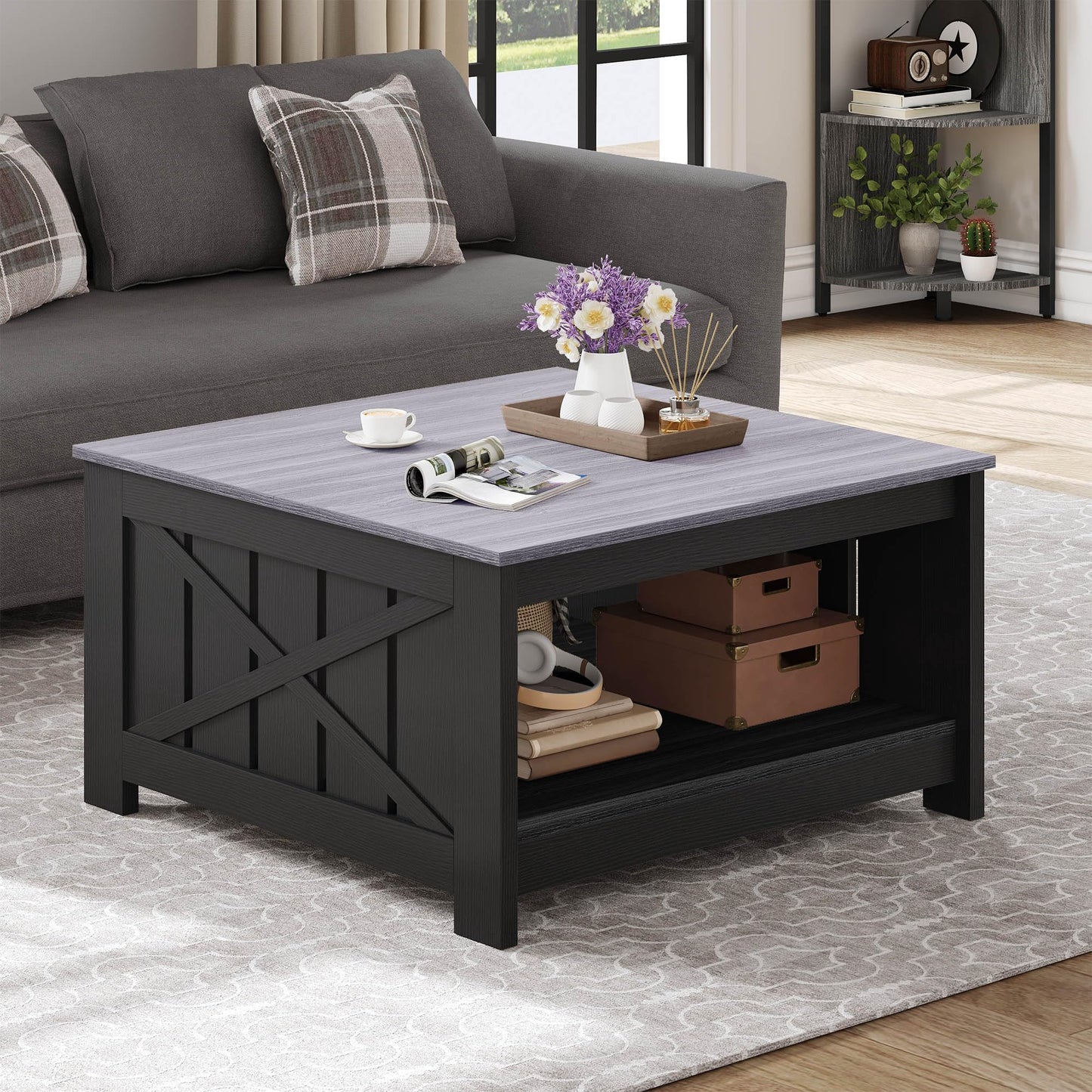 YITAHOME Farmhouse Coffee Table with Storage Rustic Wood Cocktail Table, Square Coffee Tables for Living Meeting Room with Half Open Storage Compartment, Grey and Black