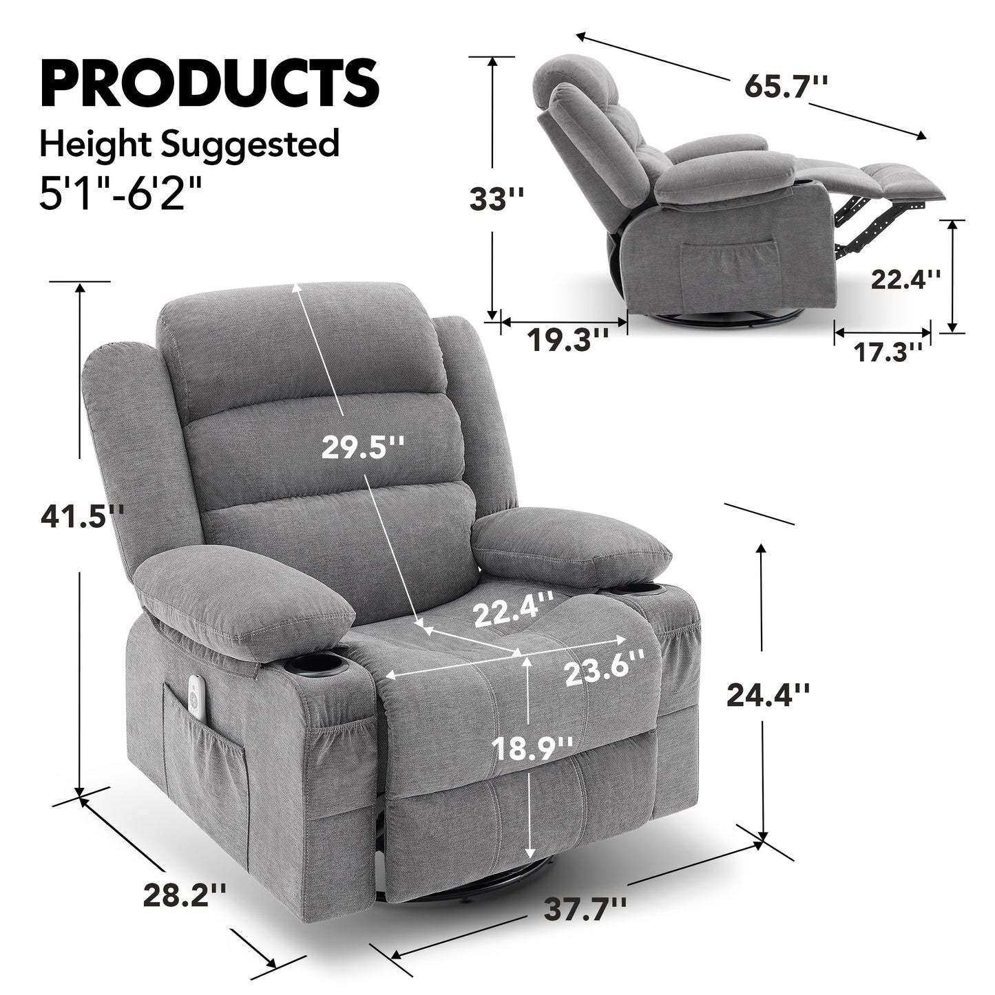 Rocker Recliner Chair with Heat and Massage, 360° Swivel Recliner Chairs for Adults, Oversized Recliner Single Sofa Seat with Cup Holders, Lazy Boy Recliner Single Sofa Seat, Grey