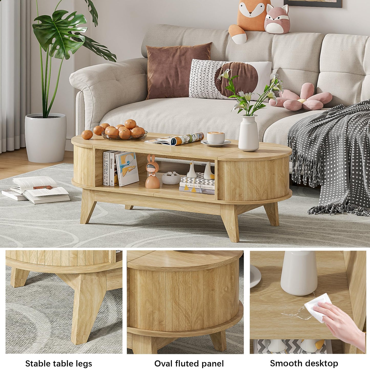 Coffee Table with 2 Hidden Storage,Mid Century Modern Coffee Table with Fluted Finish,Wood Center Tables Oval Coffee Tables with Flip-Top Lids for Living Room Home Office (Oak)