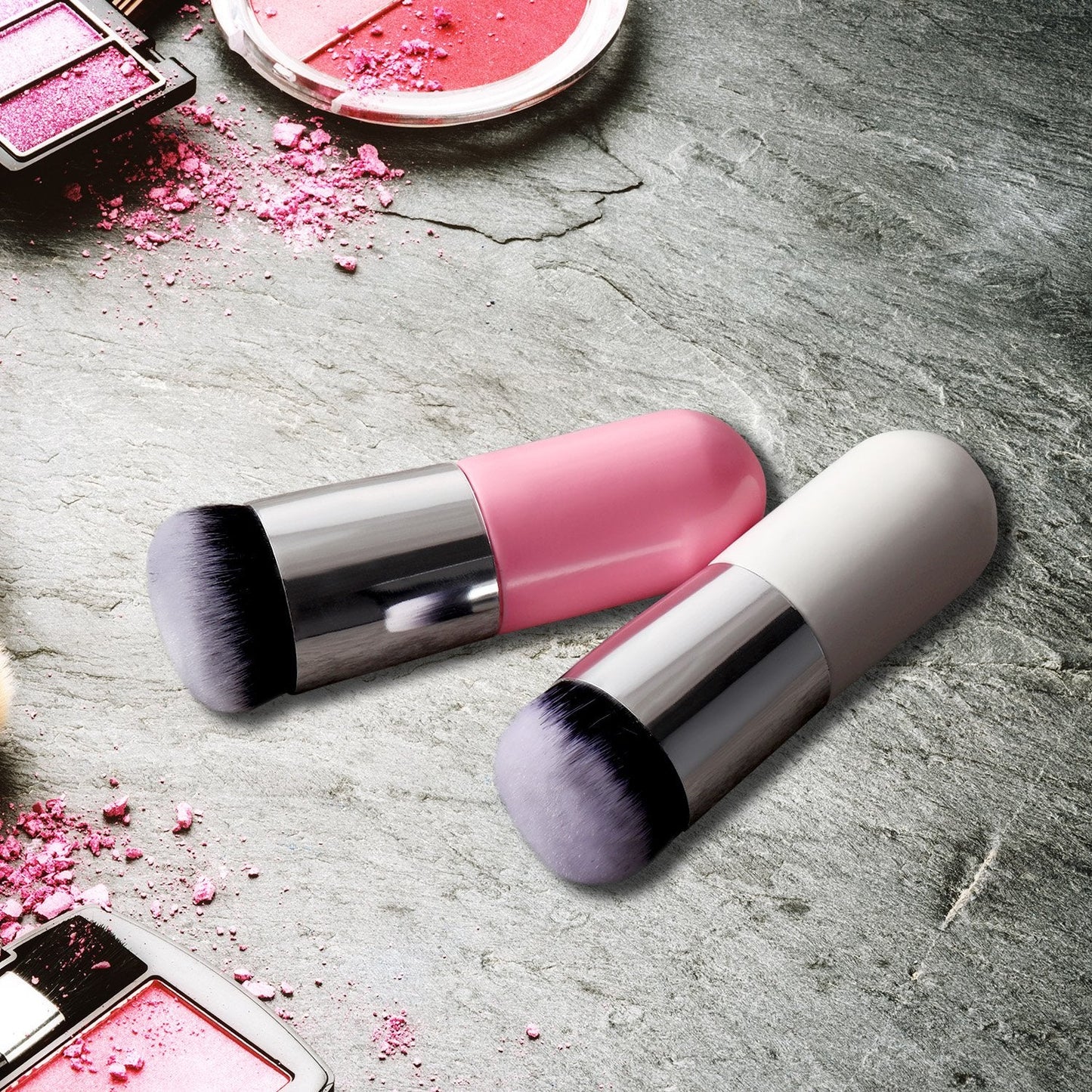 2 Pieces Foundation Brush Chubby Makeup Brush Kabuki Makeup Brush Travel Powder Brush for Blending Liquid, Cream or Powder Cosmetics (white and rose gold, pink and silver)