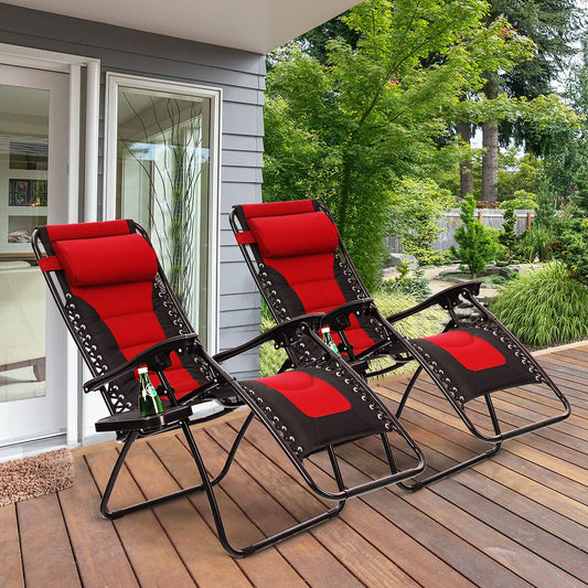 MAISON ARTS Padded Zero Gravity Lawn Chairs Set of 2 Foldable Patio Recliners Anti Gravity Lounge Chairs w/Pillow & Cup Holder Outdoor Camp Chairs for Poolside Backyard Beach Red
