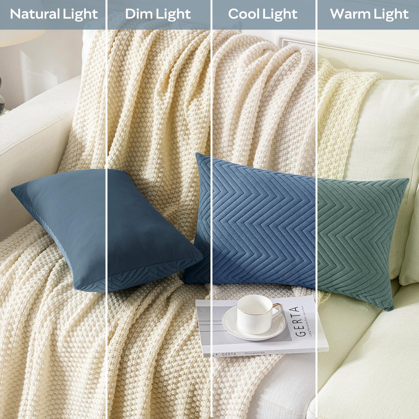 JELLYMONI Throw Pillow Covers 12”x20” Set of 2 Decorative Pillow Cases Blue Lumbar with Zipper Cushion Cover Polyester Quilted Solid Soft Home Decor for Bed Sofa Couch Living Room (NO Insert)