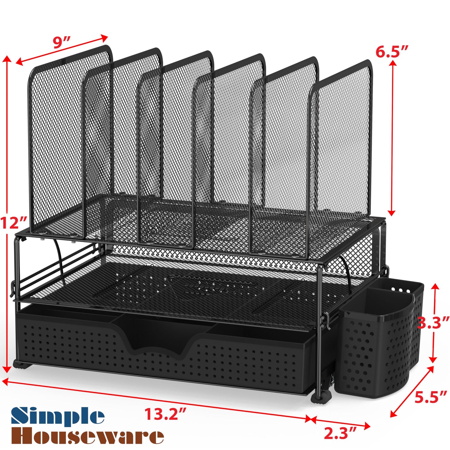 Simple Houseware Mesh Desk Organizer with Sliding Drawer, Double Tray and 5 Upright Sections, Black