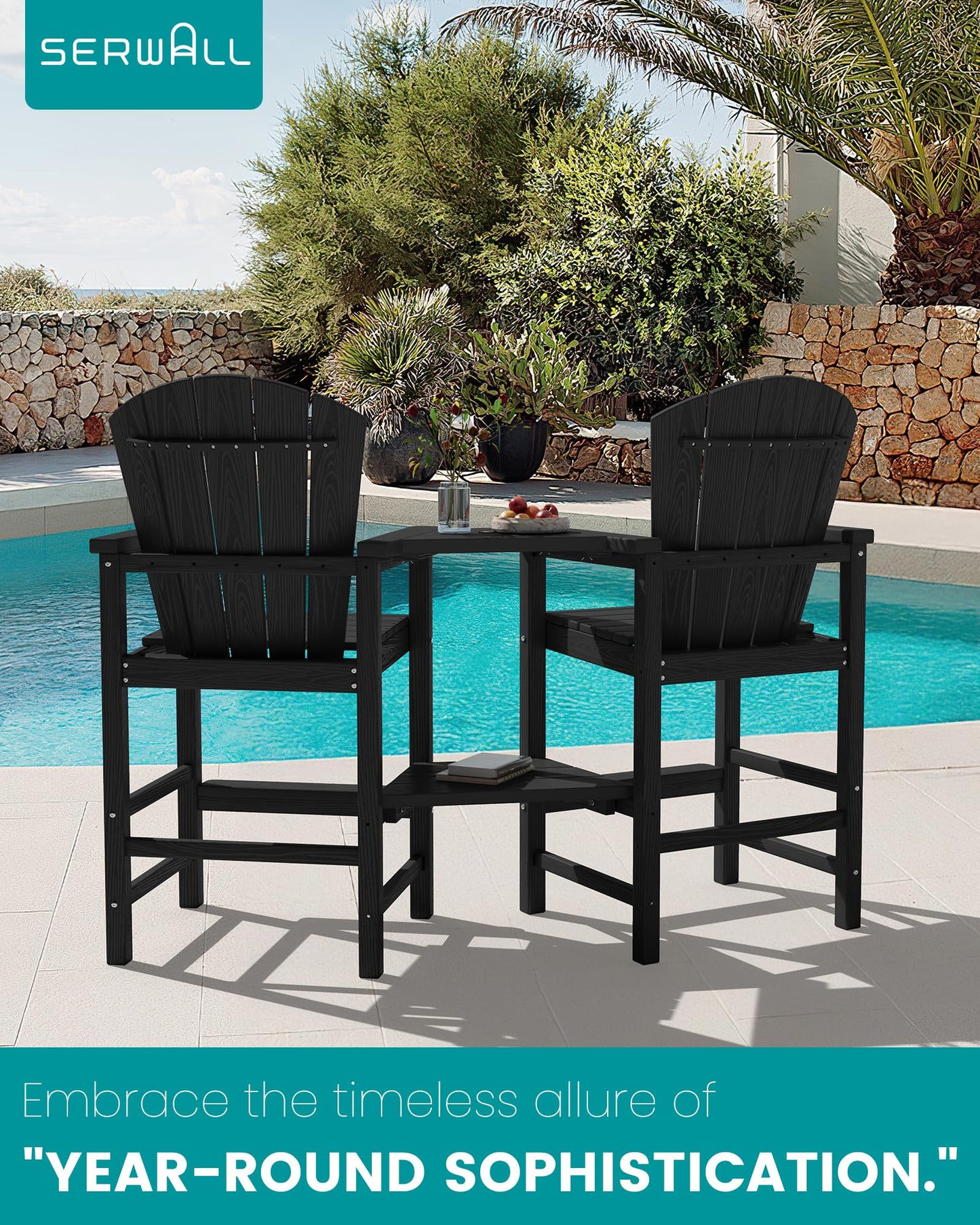 SERWALL Tall Adirondack Chairs Set of 2 with Double Layer Connecting Tray, HDPE Bar Height Outdoor Chairs, Wood-Like Adirondack Bar Stools for Patio, Balcony, Porch, Black