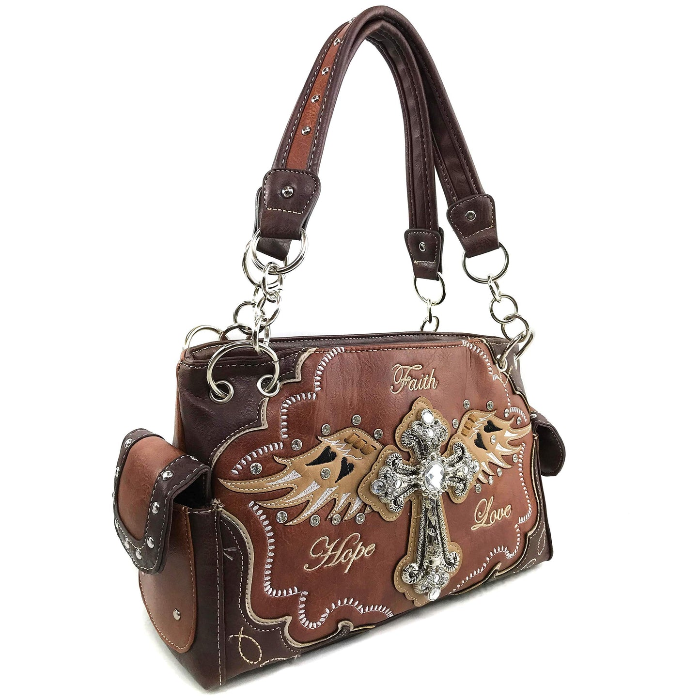 Zelris Faith Love Hope Cross Angel Wing Women Conceal Carry Handbag Wallet Set (Brown)