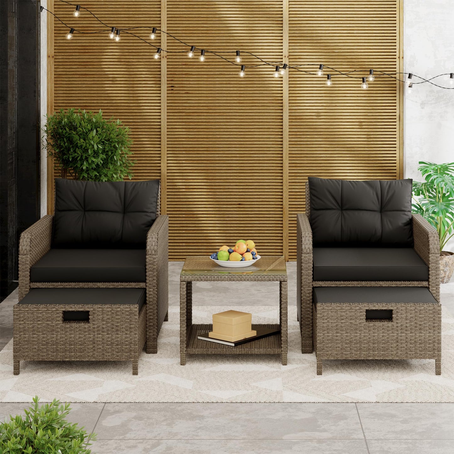 LHBcraft Balcony Furniture 5 Piece Patio Conversation Set, PE Wicker Rattan Outdoor Lounge Chairs with Soft Cushions 2 Ottoman&Glass Table for Porch, Lawn