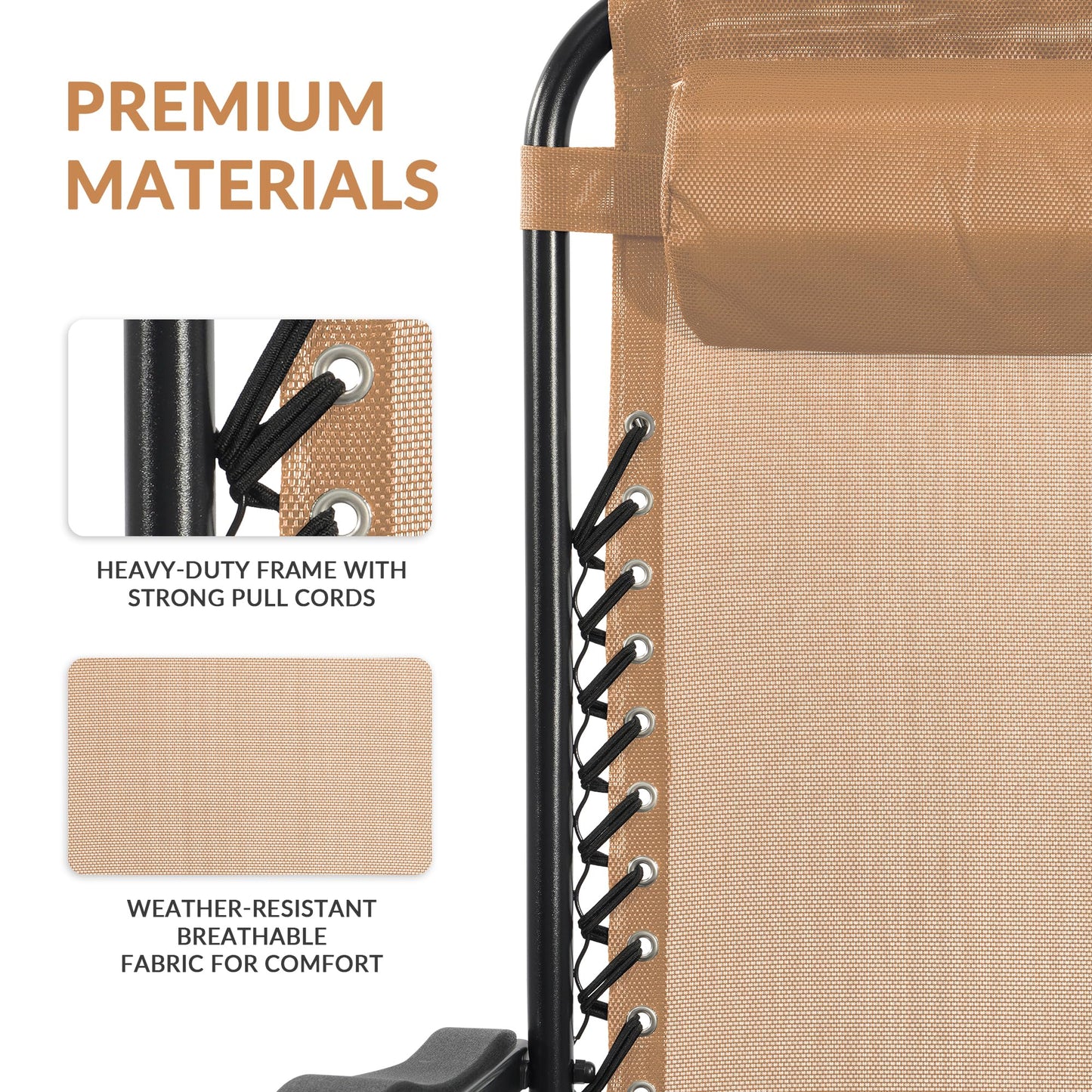 Elevon Zero Gravity Chair with Cup Holder & Removable Pillow, Adjustable Reclining Outdoor Patio Folding Chairs for Adults Portable Lounge Chair Furniture for Poolside, Lawn, Beach, Camping, Beige