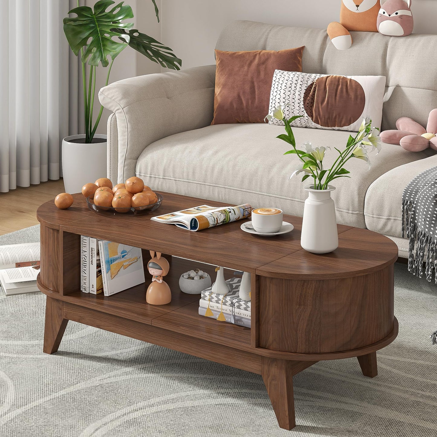 Coffee Table with Storage,Mid Century Modern Coffee Tables with 2 Flip-Top Hidden Lids,Fluted Coffee Table,Wood Center Tables for Living Room Home Office (Walnut Color)