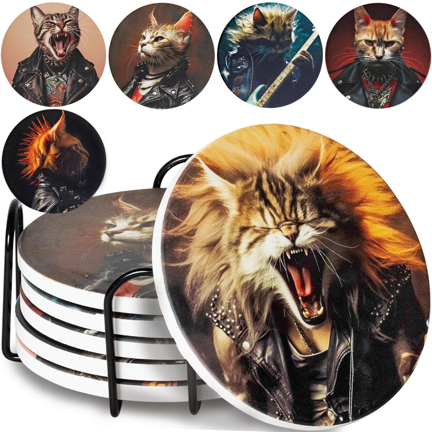 Cat Coasters Ninja Edition - Anime Cat Decor - Set of 6 Drink Coasters with Holder