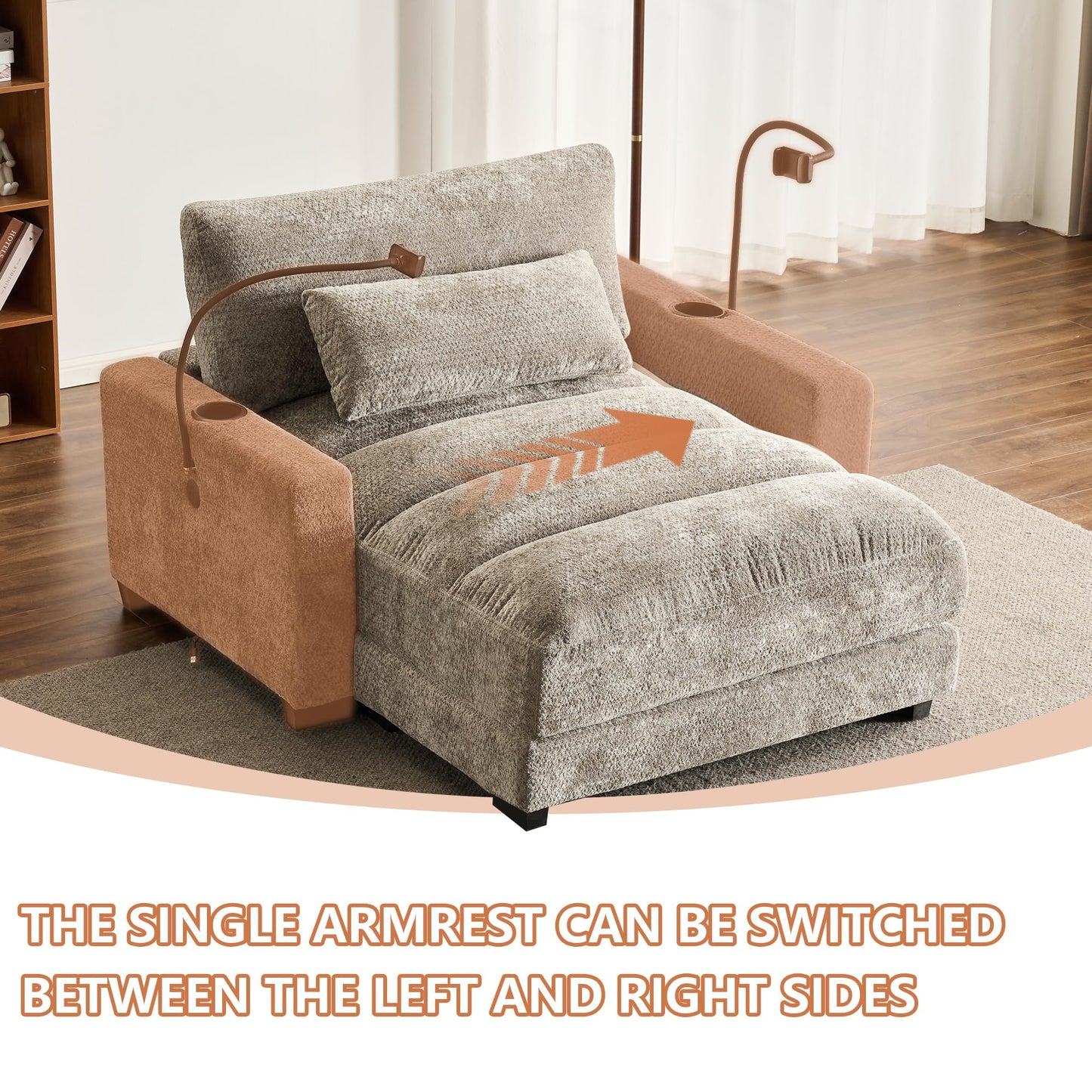 IHDKO Oversized Chaise Lounge Chair Indoor, Comfy Lounge Sleeper Sofa with USB Ports, Cup & Phone Holders, Chenille Cloud Reading Chair Bed for Living Room, Bedroom, Office (Grey)