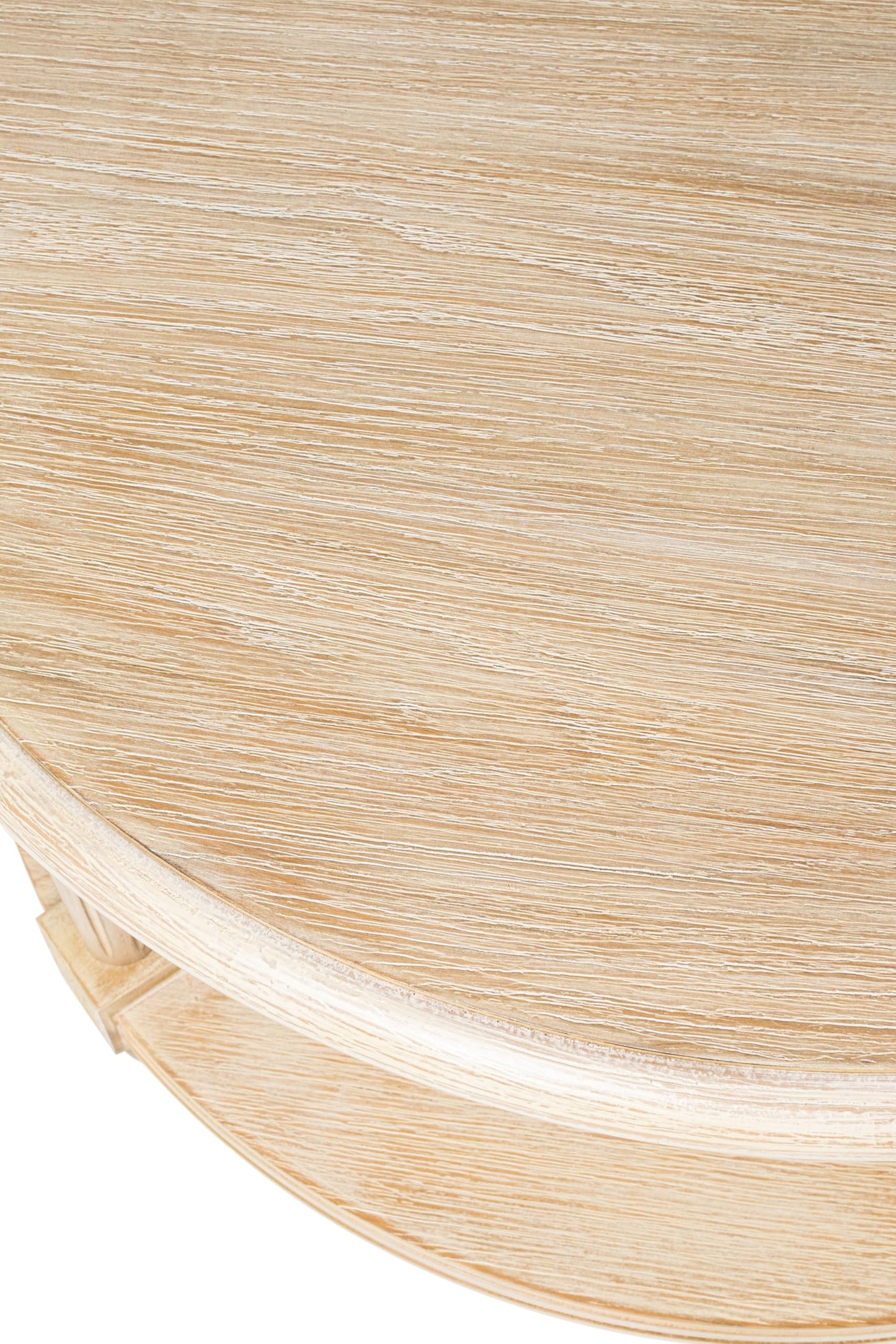 Maven Lane Pullman Large Curved 2 Tier Traditional Round Circle Wooden Center Coffee Table with Shelf Storage in Rustic Antiqued White Finish