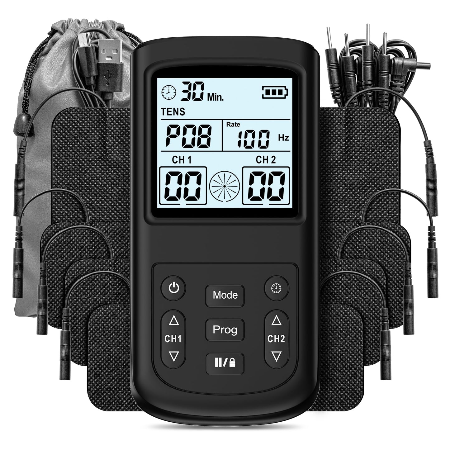 Graphtool 3-in-1 TENS Unit Muscle Stimulator, 28 Modes TENS Unit for Pain Relief， EMS Massage Machine, with 8 TENS Pads Muscle Massager