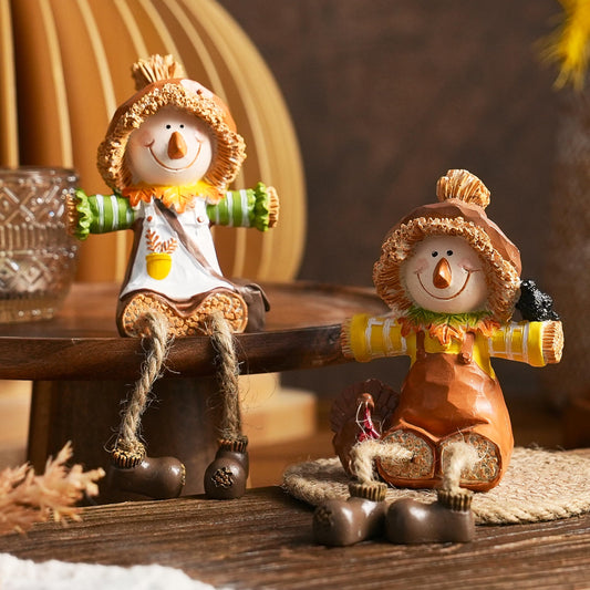 FESTGLOX Scarecrow Fall Decor, 2Pcs Harvest Scarecrow Figurines Indoor Fall Shelf Sitters with Dangling Legs, Resin Small Scarecrow for Autumn Thanksgiving Tabletop, Fireplace, Farmhouse Decor