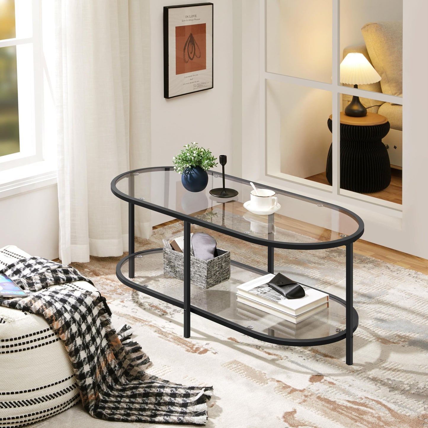 Yaheetech Glass Coffee Table, Black Small Center Table with Storage Shelf for Living Room Small Space, Apartment
