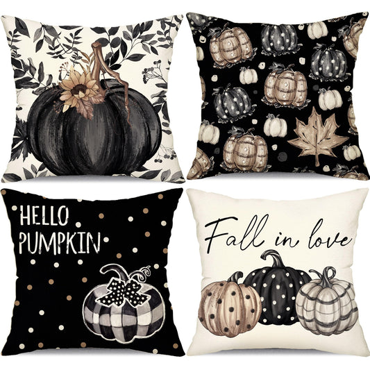 DFXSZ Fall Pillow Covers 18x18 inch Set of 4 Fall Decorational Various Styles of Pumpkin Fallen Leaves Decorative Black Autumn Outdoor Pillowcases Thanksgiving Decoration for Home Couch 211B18