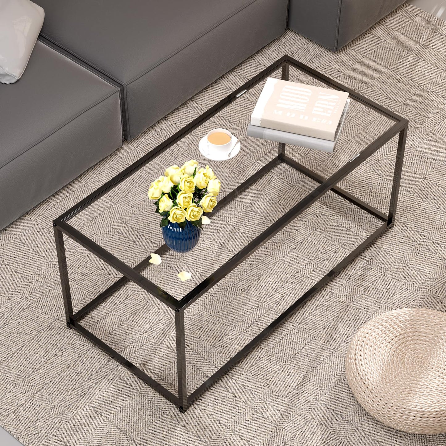 Glass Coffee Table Modern Center Table,Minimalist Coffee Table for Living Room,Tempered Glass-top with Sturdy Metal Frame, Easy Assembly,Black