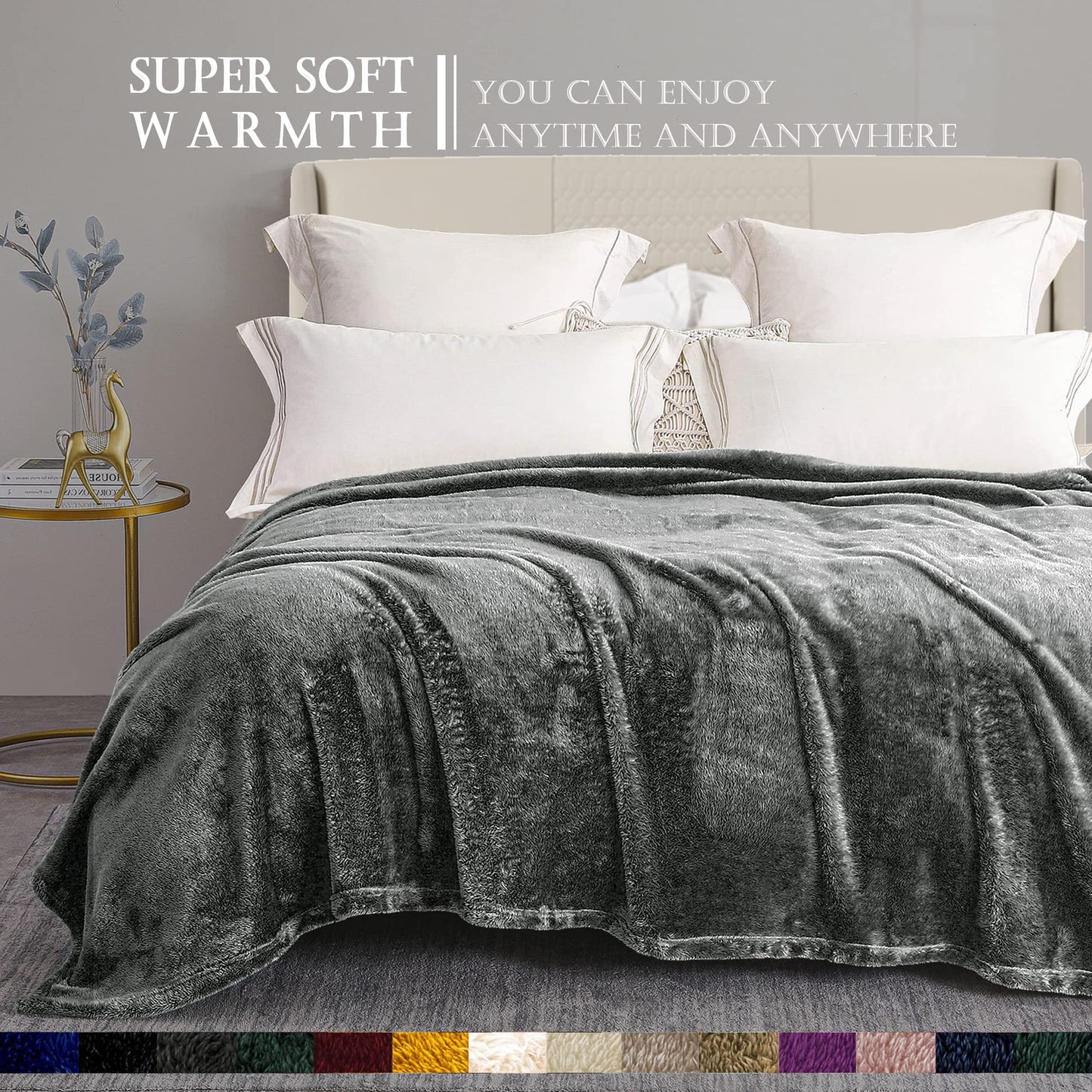 Exclusivo Mezcla Plush Fuzzy Fleece Bed Blanket Queen Size, Super Soft, Fluffy and Warm Blankets，Suitable for All Seasons (Dark Grey, 90x90 Inches)