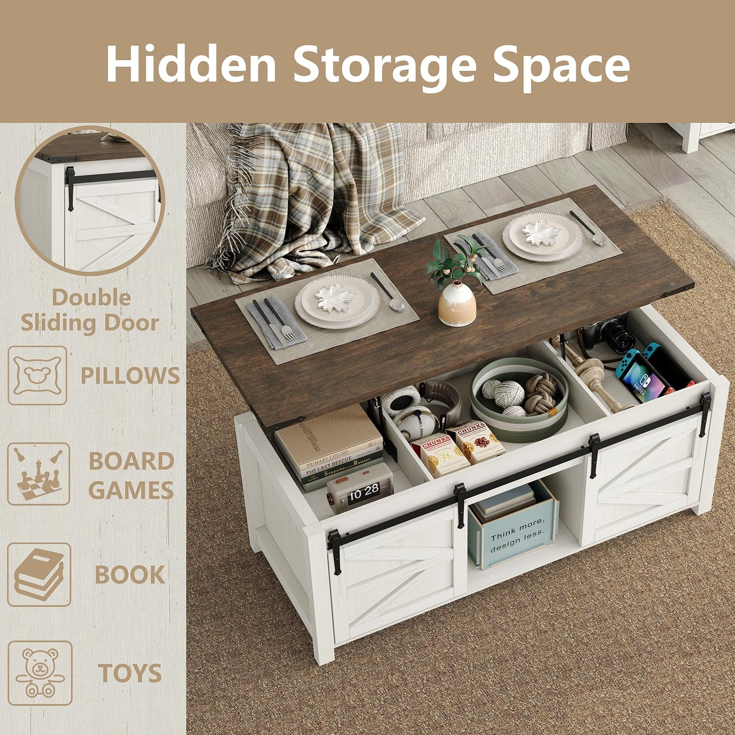 Furnihold 47.3'' Lift Top Coffee Table with Storage, Modern White Coffee Table with Sliding Barn Doors, Farmhouse & Rustic Rectangle Center Table for Living Room, Office, Brown Top