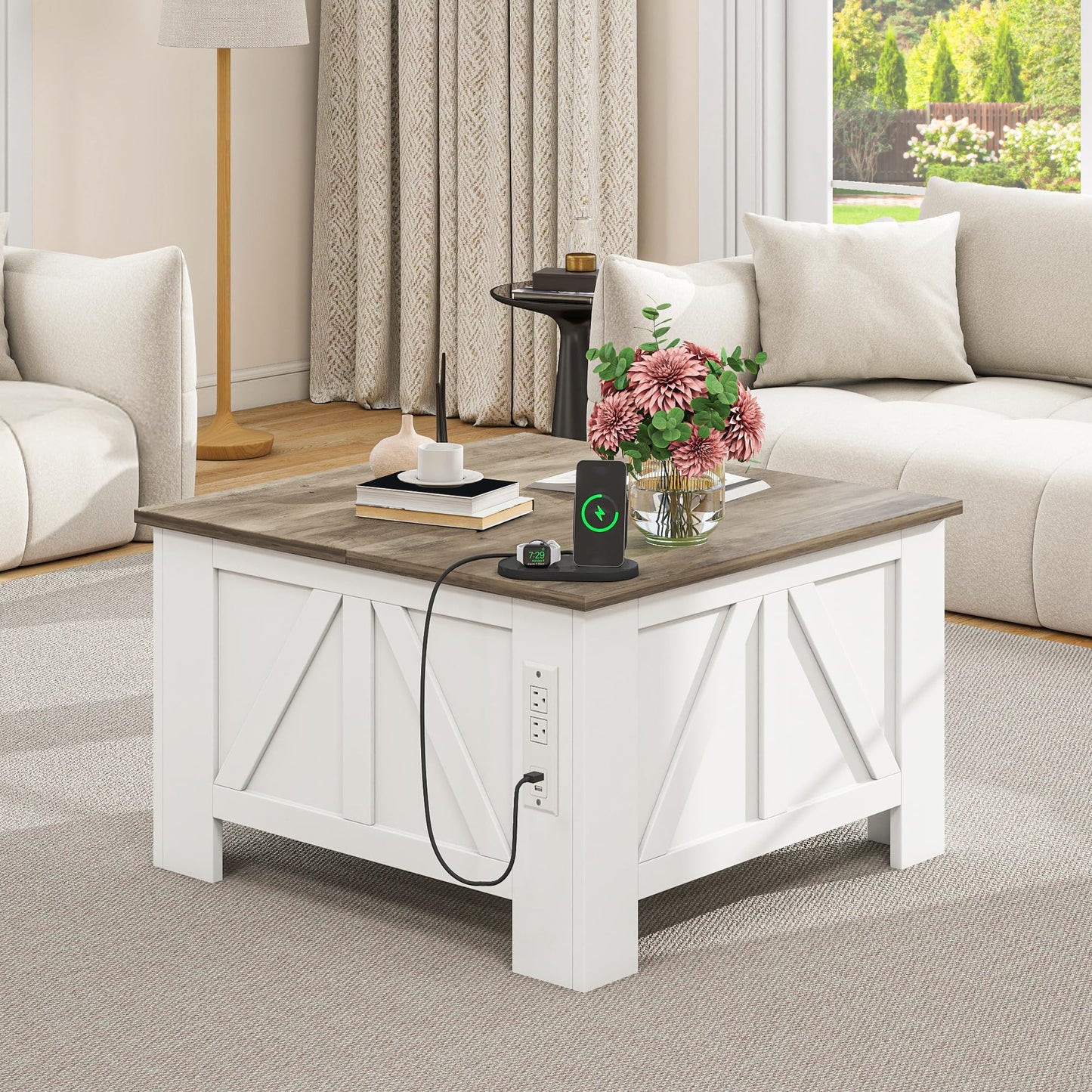 YITAHOME Farmhouse Lift Top Coffee Table with Storage, Wood Square Center Table with Charging Station & USB Ports and Hidden Compartment Coffee Tables for Living Room Bedroom, Home Office, White