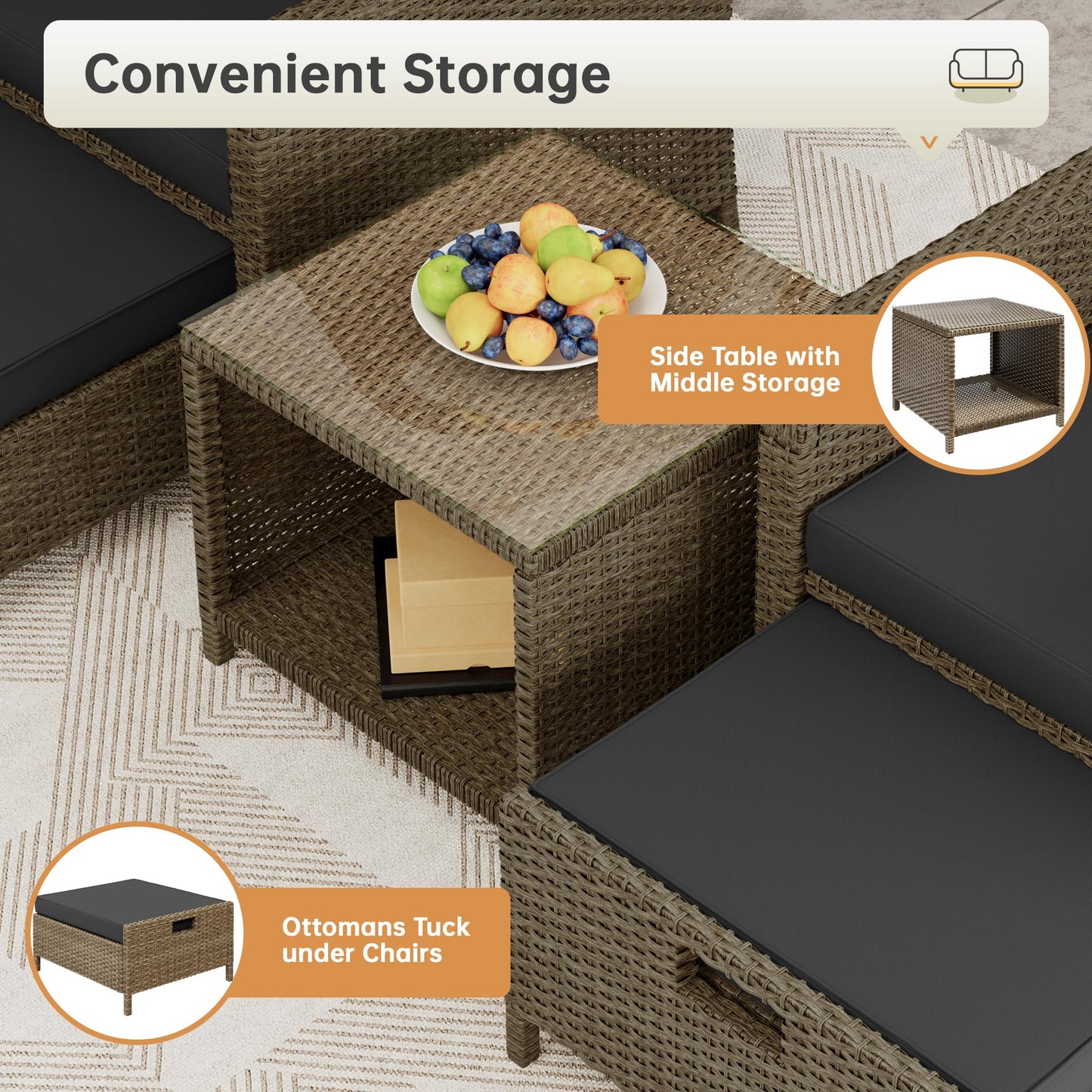 LHBcraft Balcony Furniture 5 Piece Patio Conversation Set, PE Wicker Rattan Outdoor Lounge Chairs with Soft Cushions 2 Ottoman&Glass Table for Porch, Lawn