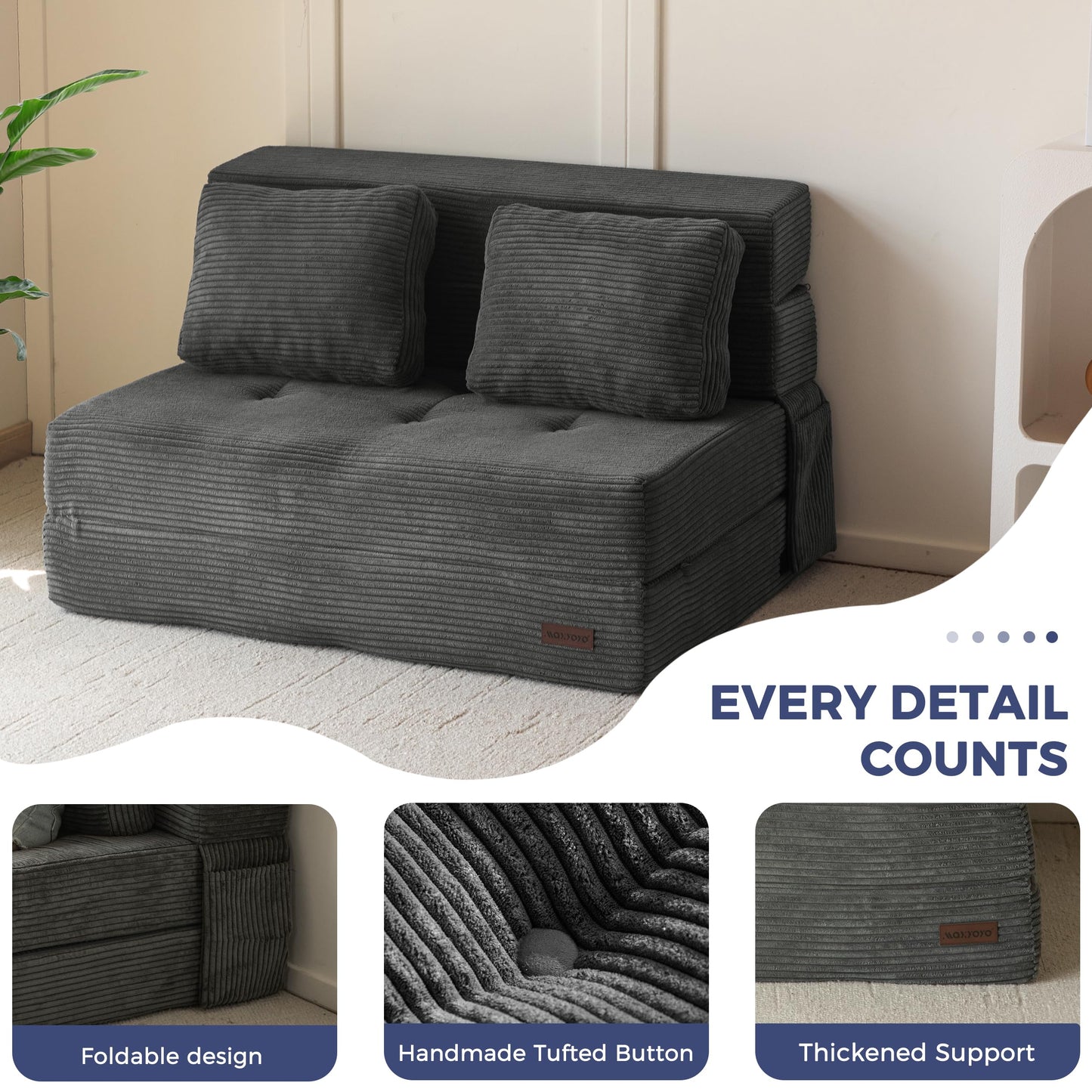 MAXYOYO Convertible Sofa Bed, Fold Out Loveseat Sleeper Sofa with Pillow, 4 in 1 Tufted Folding Couch Bed Foam Floor Couch, Lazy Chair for Living Room Bedroom Guest Room, Dark Grey