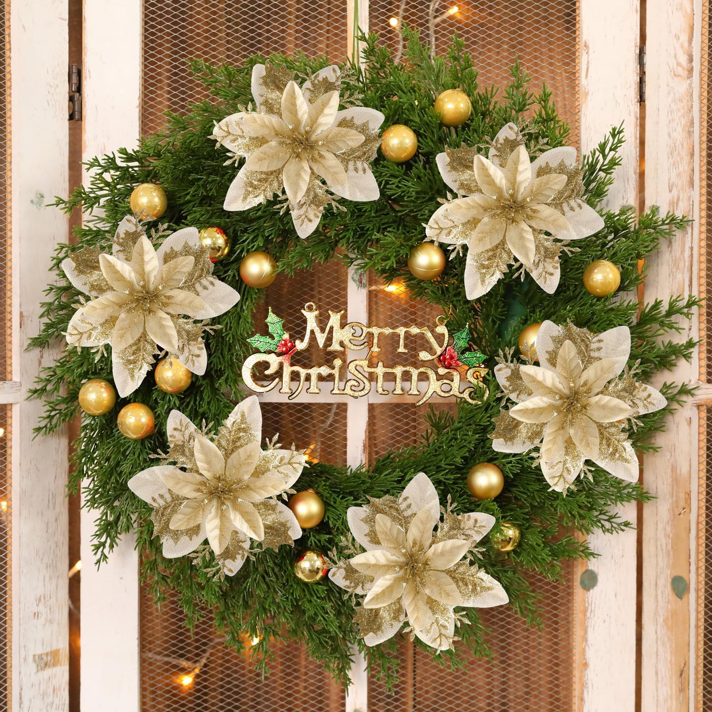 Kisflower 24PCS Poinsettia Artificial Flowers Gold Christmas Flower Decorations with Clips and Stems, Glitter Christmas Tree Ornaments for Xmas New Year Wedding Party (Gold)