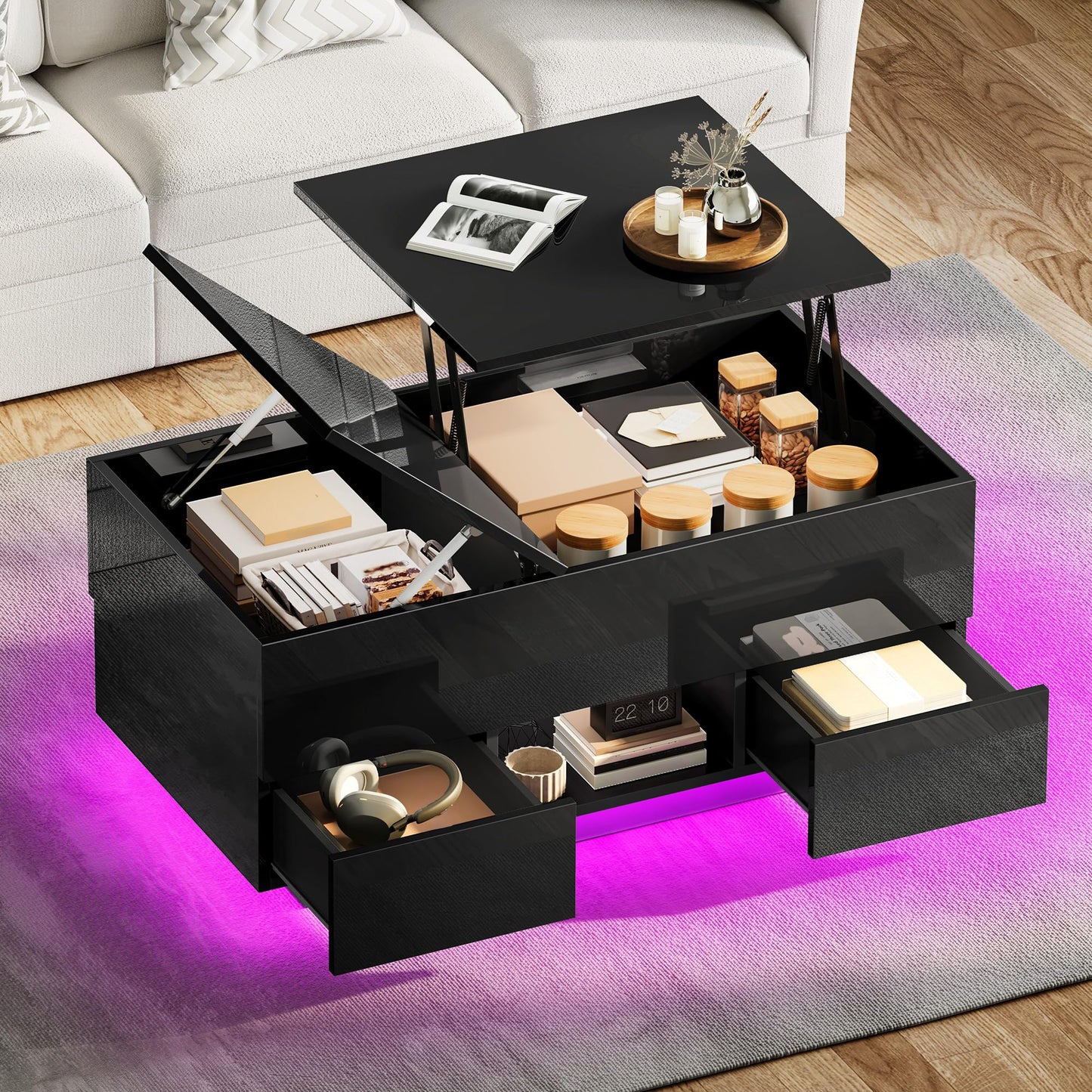YITAHOME LED Lift Top Coffee Tables with Power Outlets Charging Station for Living Room, Modern Coffee Table with Storage 2 Drawers and Open Shelfs Rectangular Small Coffee Table Decor, Glossy Black