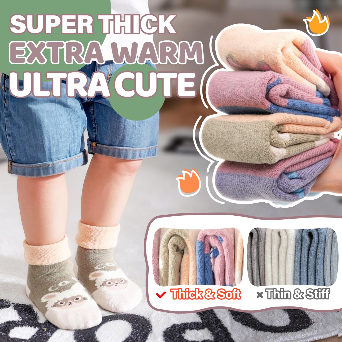 ANTSANG Baby Toddler Socks With Grippers Girls Boy Kids Unisex Winter Warm Thick Cotton Ankle Crew Non-Slip/Anti-Skid Socks 9 Pairs(Cartoon Animal,1-3T)