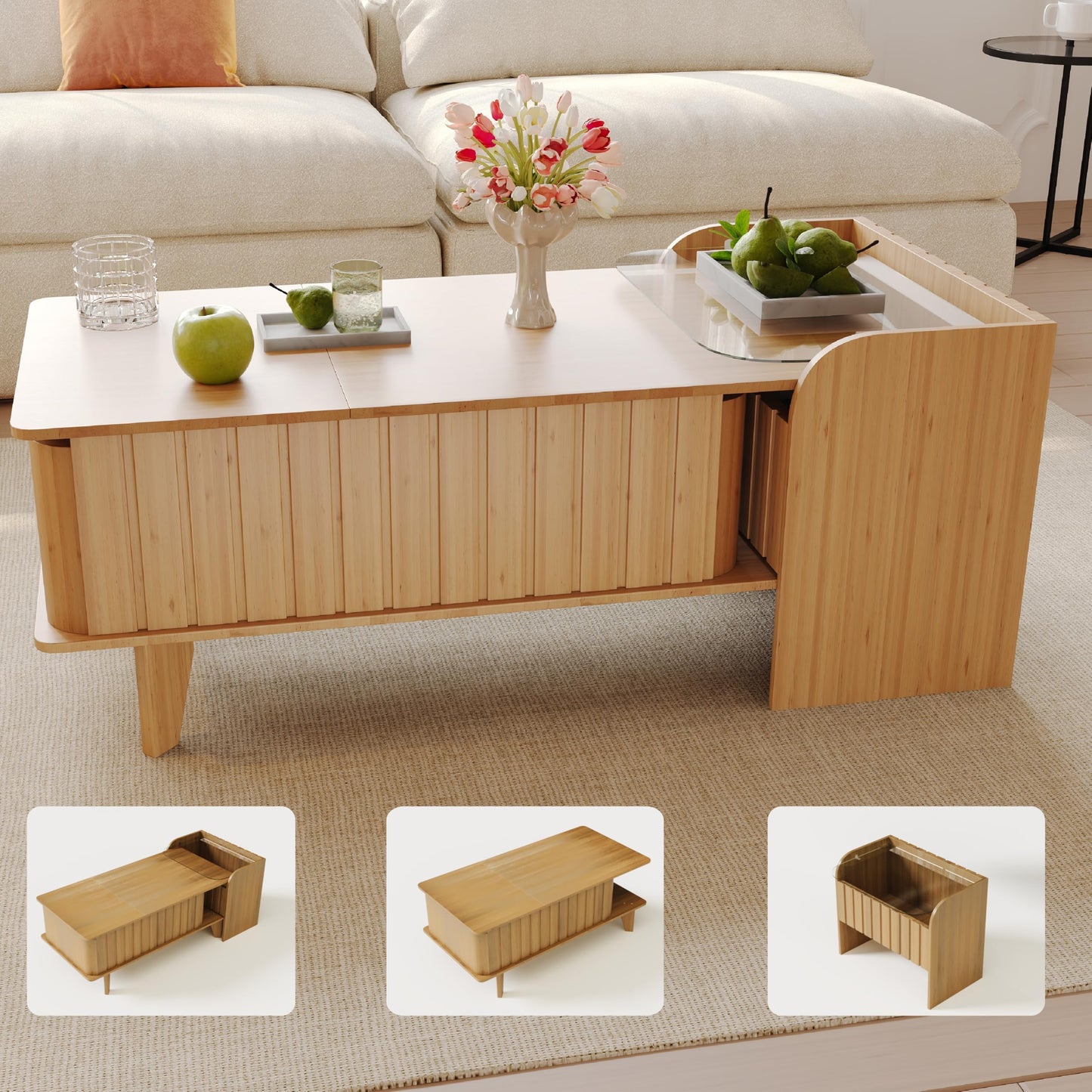 Jartoil Extendable Coffee Table with Storage, Wood Coffee Table with Hidden Compartment, Expandable Coffee Tables with Side Table for Living Home(Natural)