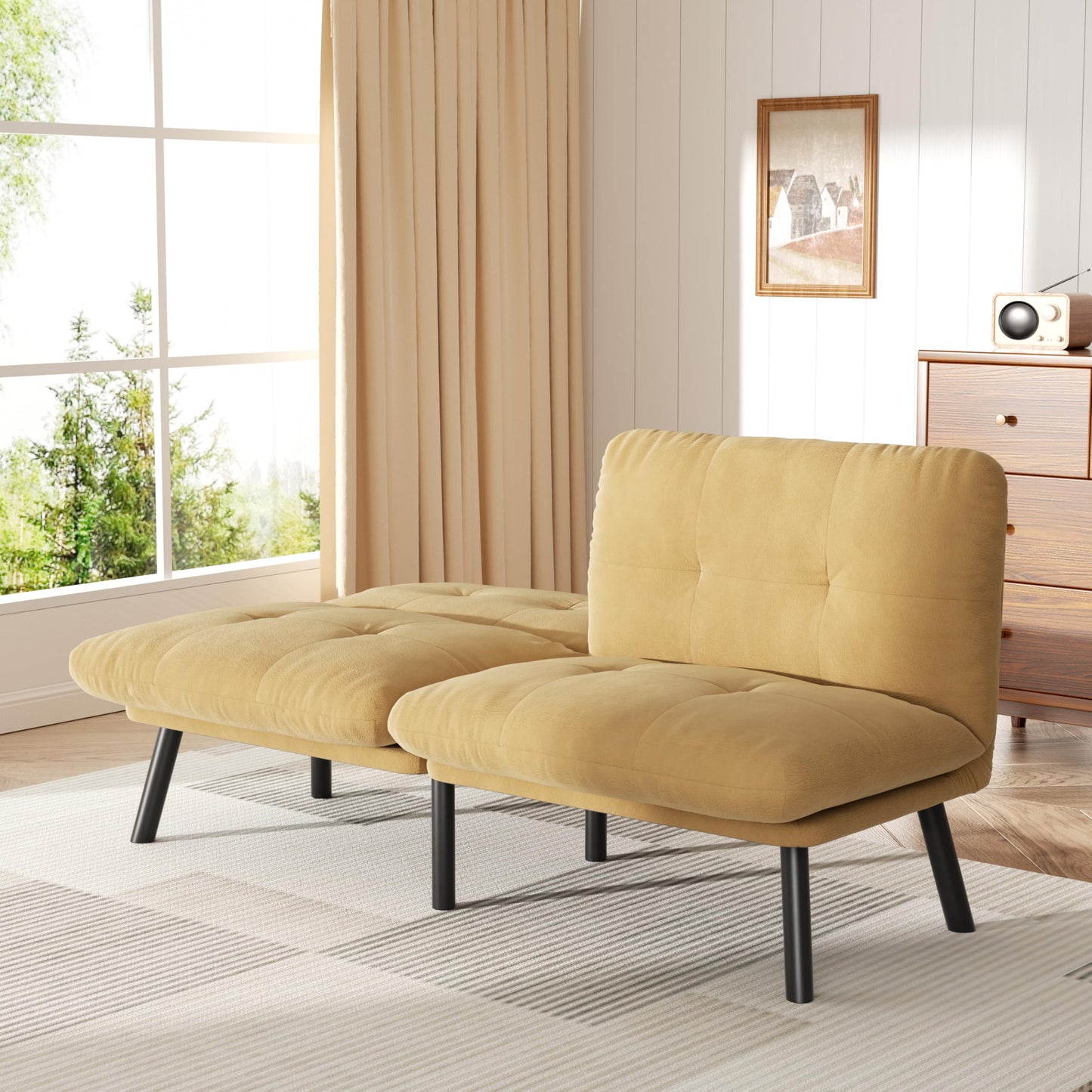 homeokay Futon Sofa Sleeper Couch Bed with Adjustable Backrest Thick Cushion Velvet Fabric for Department Living Room Lounge Sofa Loveseat (Brown)