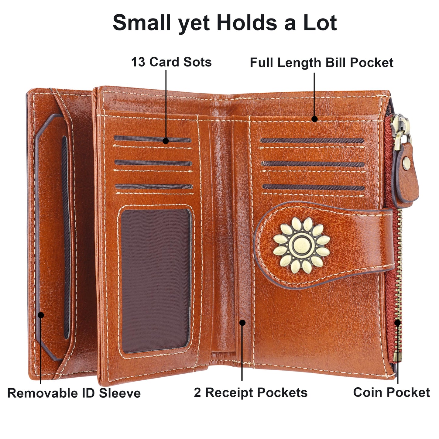 Lavemi Womens Leather Wallet Small Compact RFID Blocking Credit Card Case Purse with Zipper Pocket(Brown)