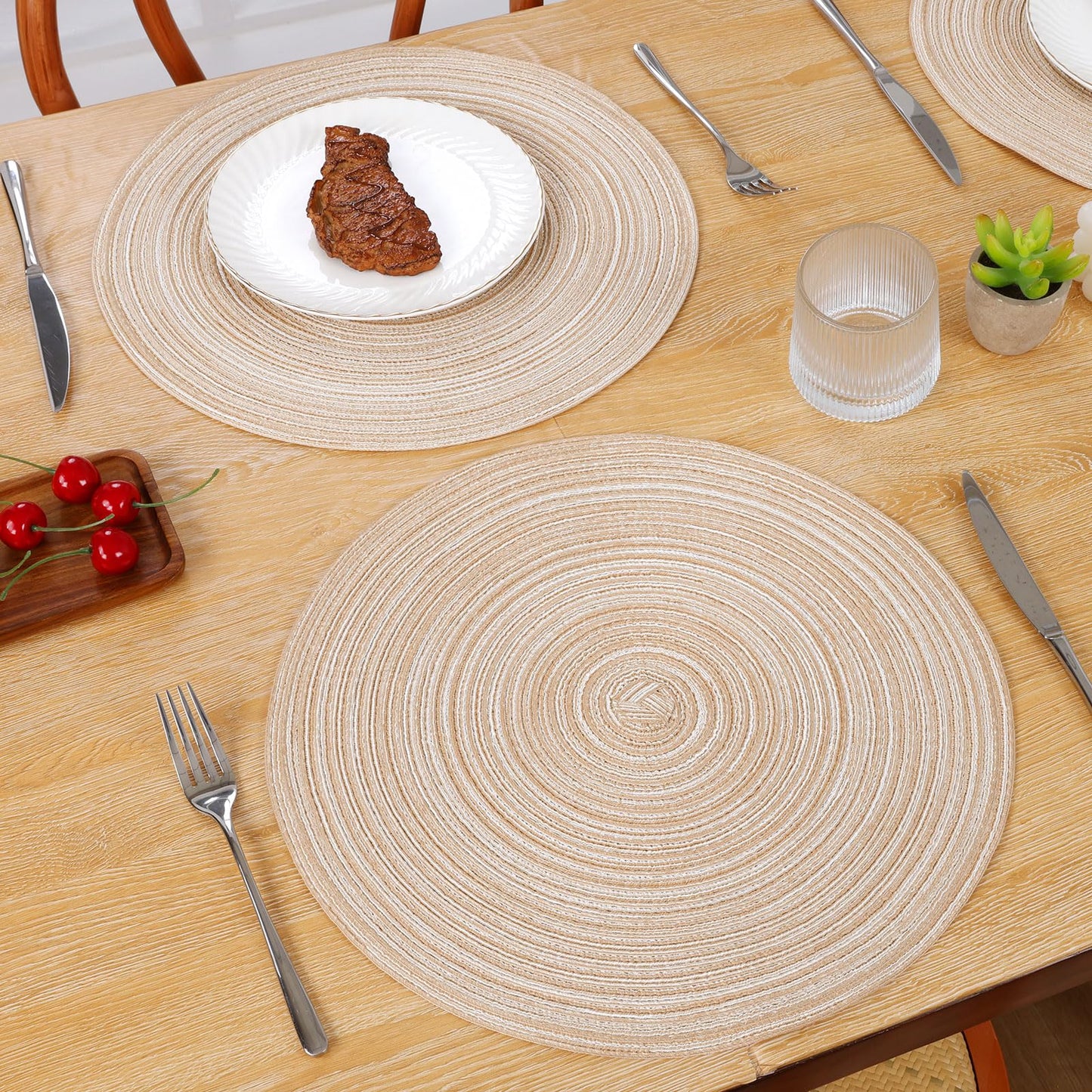 SHACOS 15 inch Round Braided Placemats Set of 6 Non Slip Heat Resistant Round Table Mats Washable Place Mats for Dinner Party Table Decoration (Beige, 6)