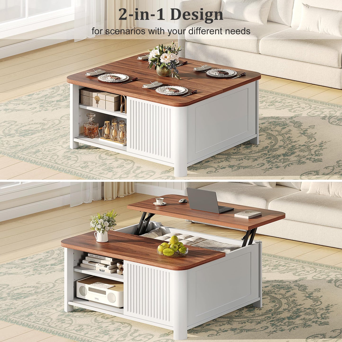 Decofy Lift Top Coffee Table with Storage, 31.5" Mid Century Modern Square Coffee Tables for Living Room, Large Hidden Storage Compartment, Adjustable Shelves & Sliding Door, White